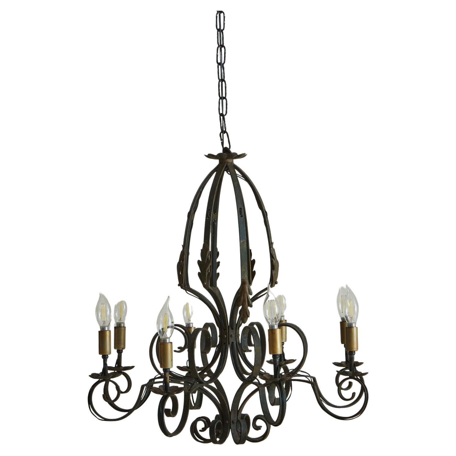 Wrought Iron Iron Chandelier, France, 1920s For Sale