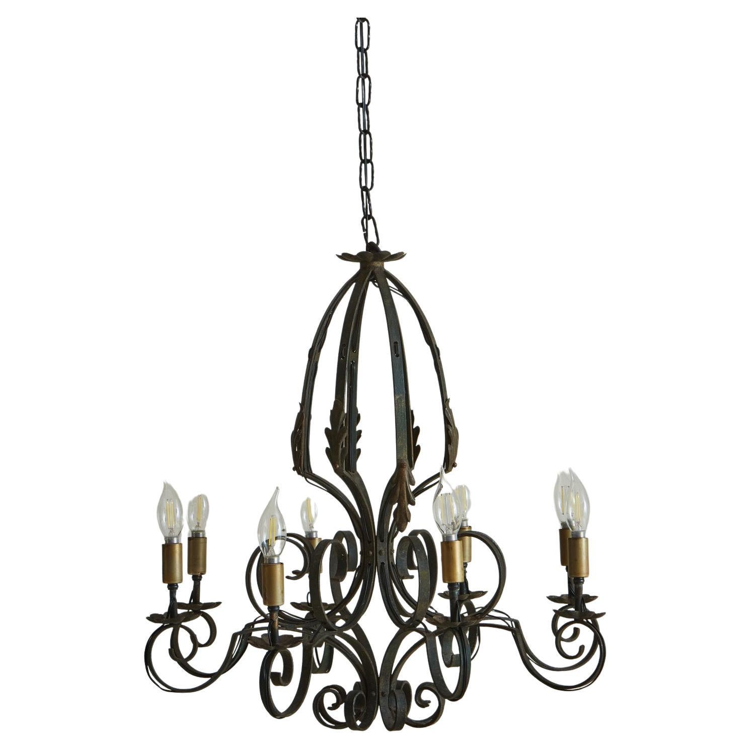 Large + Elegant French Iron Work Chandelier, 1920s