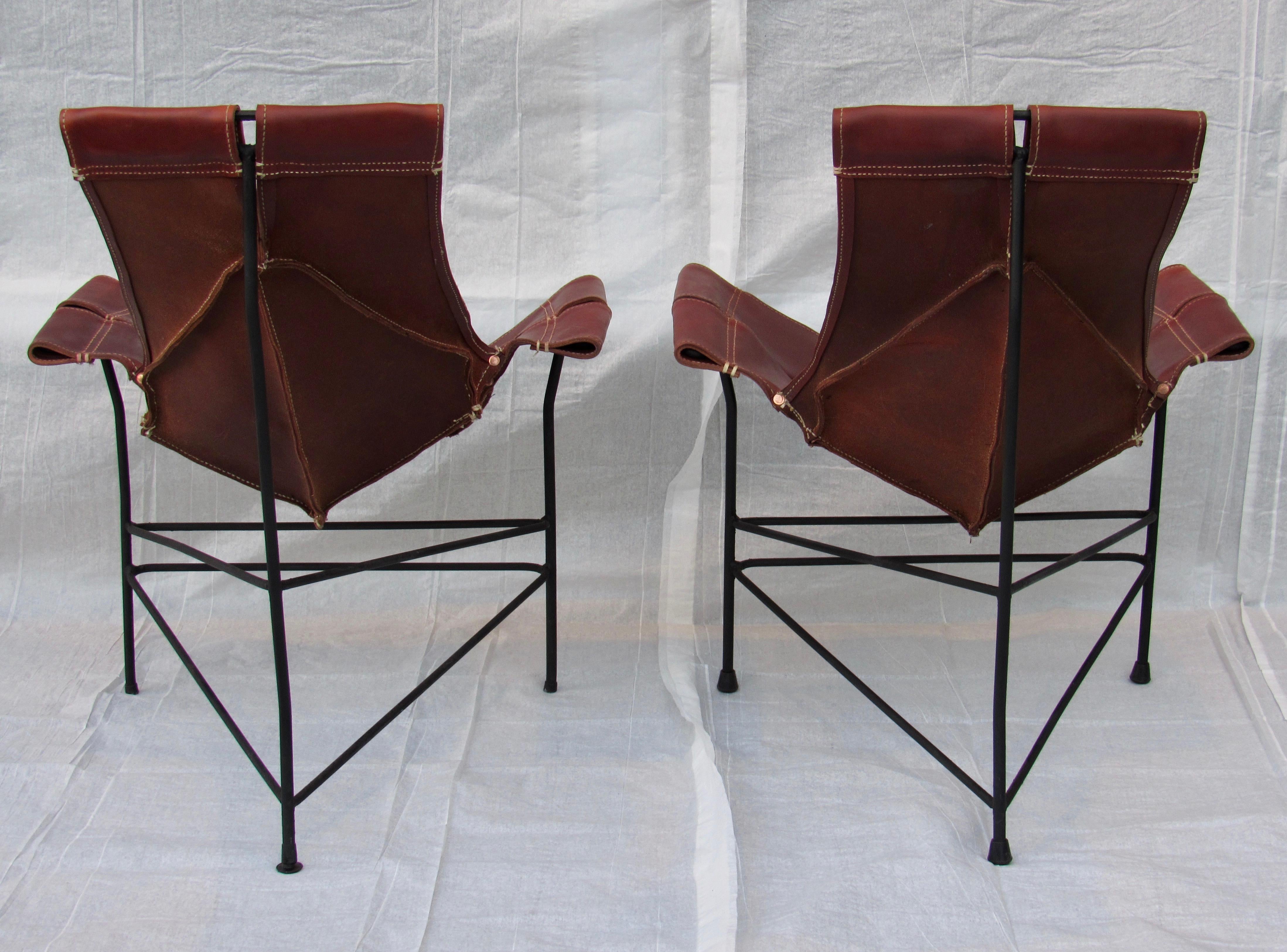 Hand-Crafted Wrought Iron Jerry Johnson Leather Sling Lounge Chair (3) Leathercraft 1954 For Sale