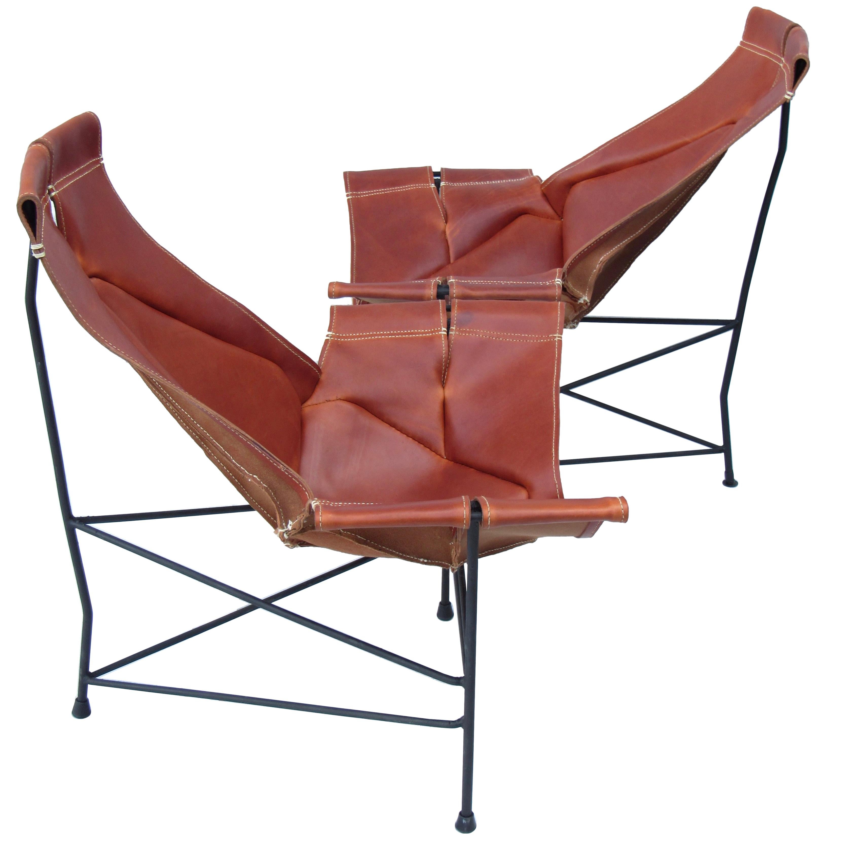 Wrought Iron Jerry Johnson Leather Sling Lounge Chair (3) Leathercraft 1954 For Sale