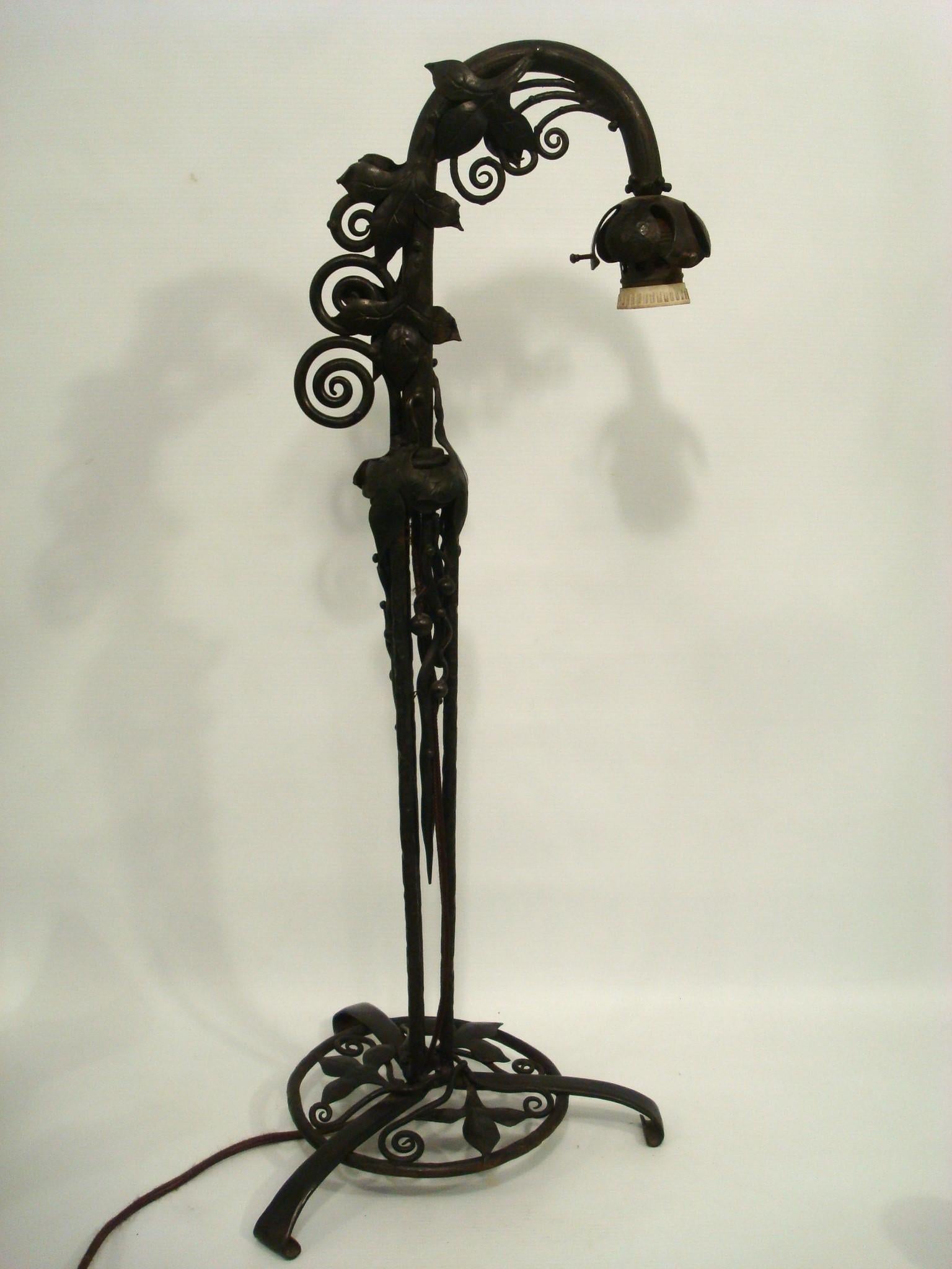 Hand-Crafted Wrought Iron Lamp in Art Nouveau - Art Deco Style, Circa 1920 For Sale
