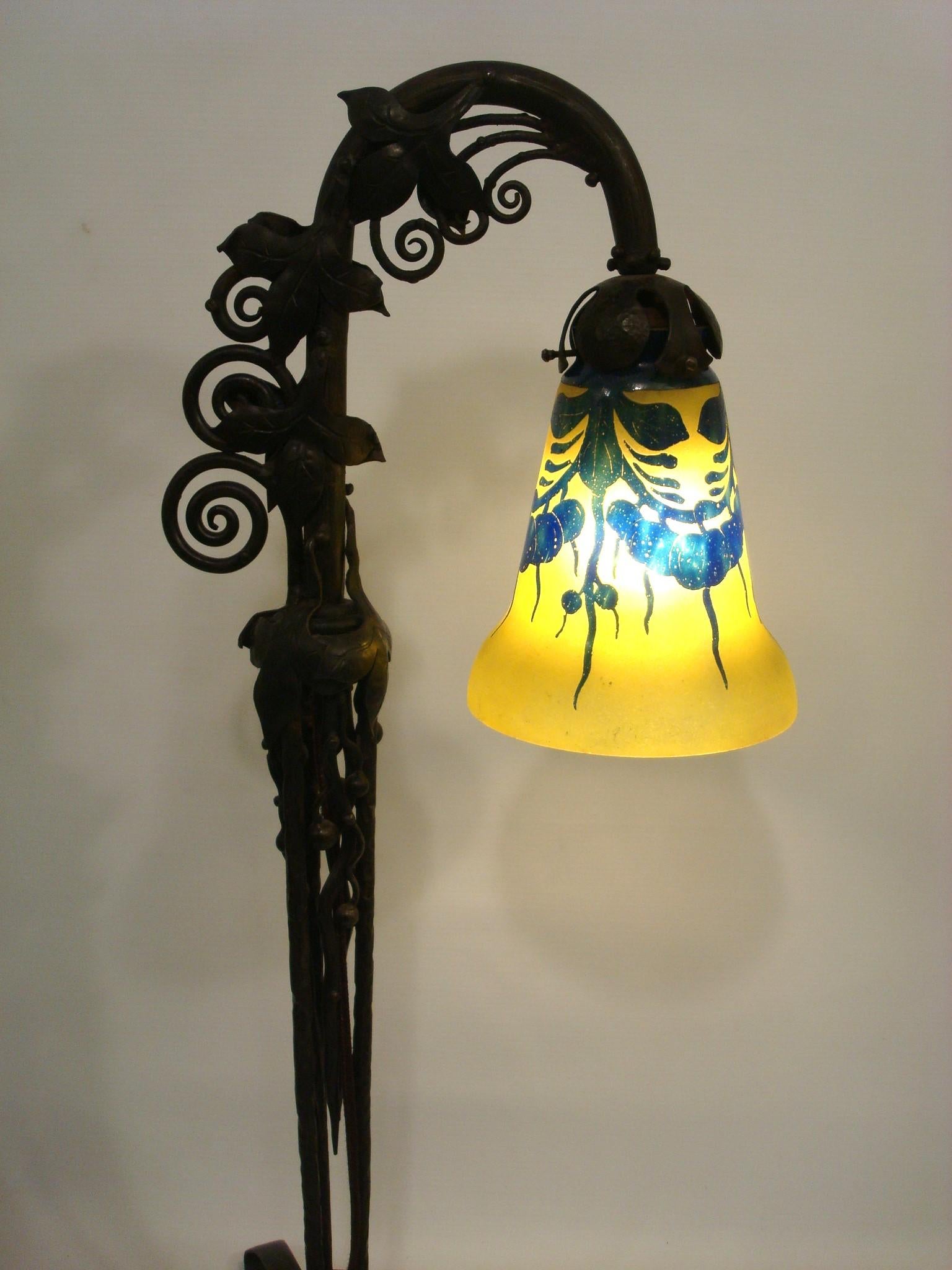 Glass Wrought Iron Lamp in Art Nouveau - Art Deco Style, Circa 1920 For Sale