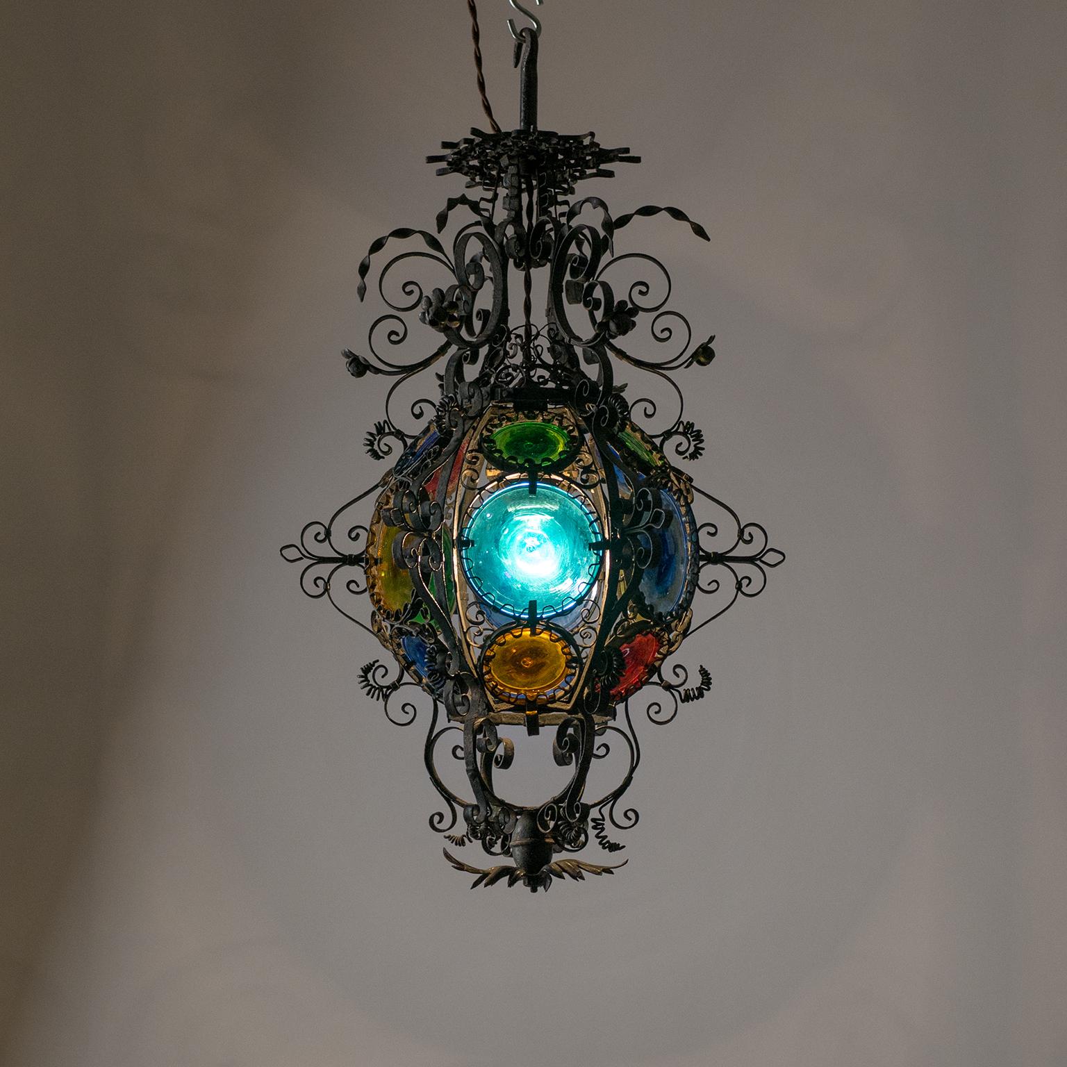 Wrought Iron Lantern, circa 1890, Stained Glass 4