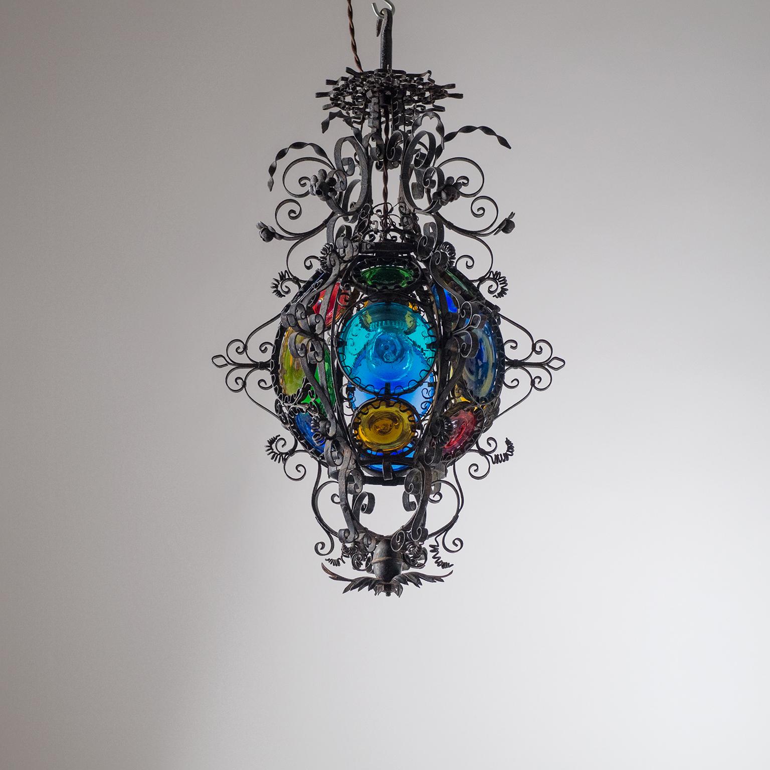 Wrought Iron Lantern, circa 1890, Stained Glass 5