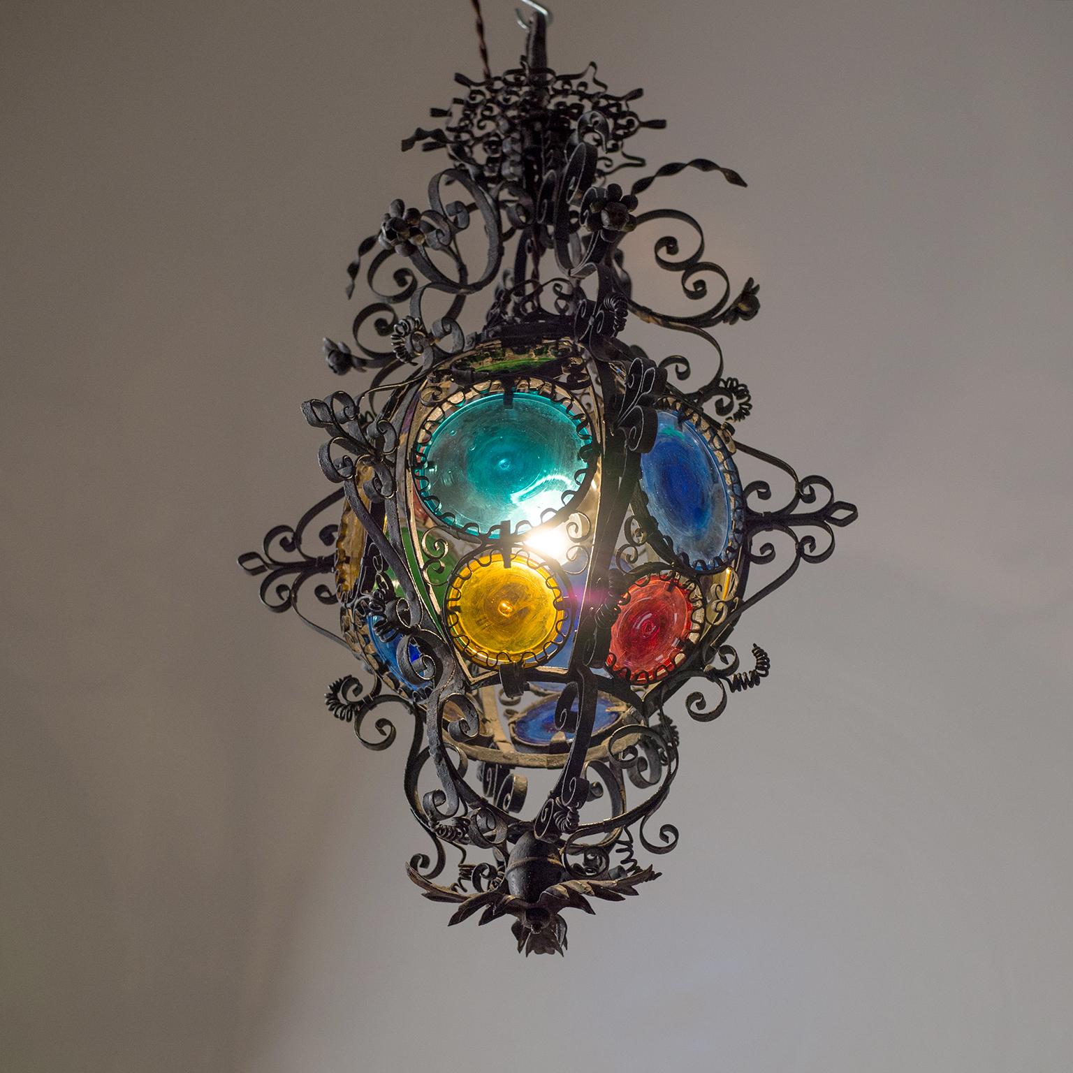 Arts and Crafts Wrought Iron Lantern, circa 1890, Stained Glass