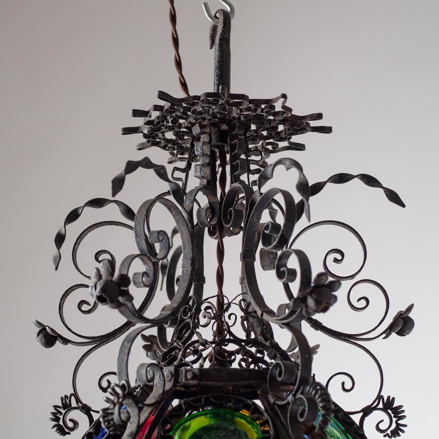Lacquered Wrought Iron Lantern, circa 1890, Stained Glass