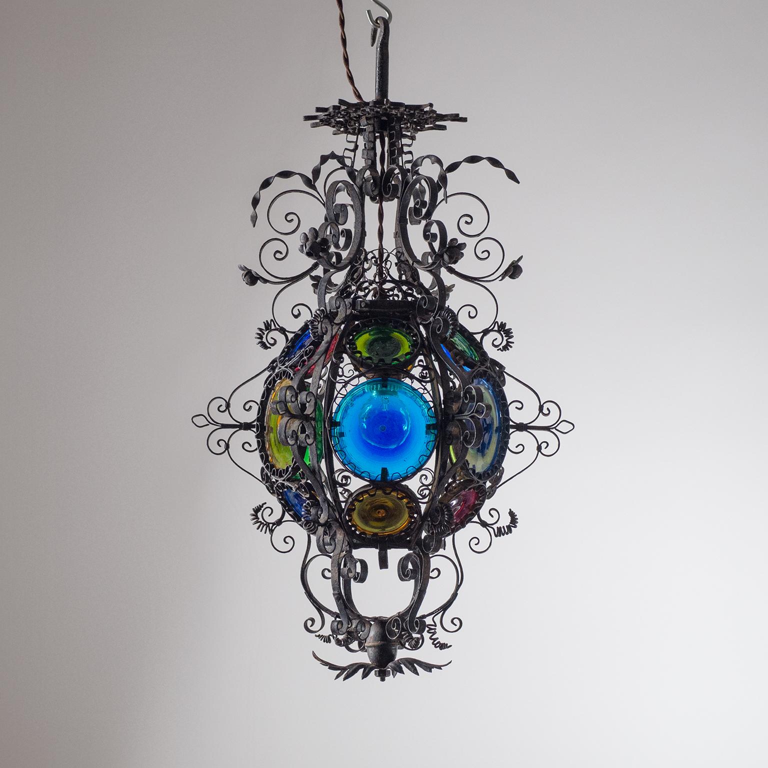 Wrought Iron Lantern, circa 1890, Stained Glass In Good Condition In Vienna, AT