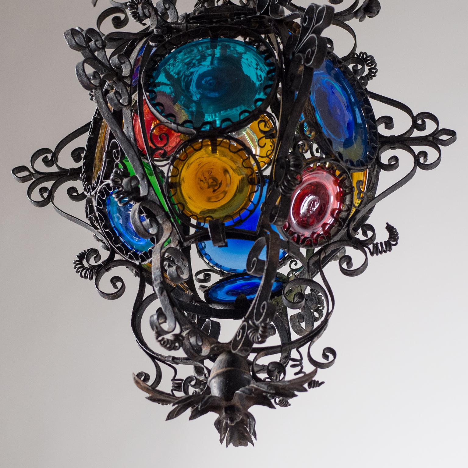 Late 19th Century Wrought Iron Lantern, circa 1890, Stained Glass