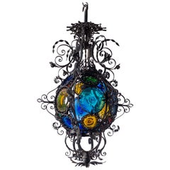 Wrought Iron Lantern, circa 1890, Stained Glass