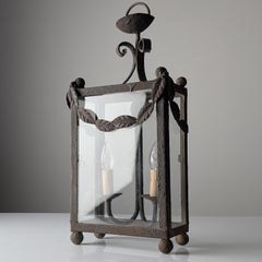 Wrought Iron Lantern with Glass Panels, Foliate Motifs
