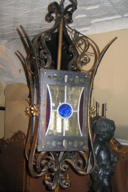 French Wrought Iron Lantern with Leaded Glass Insets For Sale