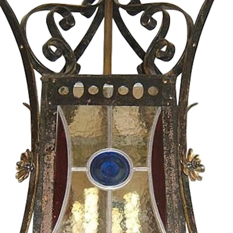 Hand-Crafted Wrought Iron Lantern with Leaded Glass Insets For Sale