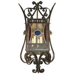 Wrought Iron Lantern with Leaded Glass Insets