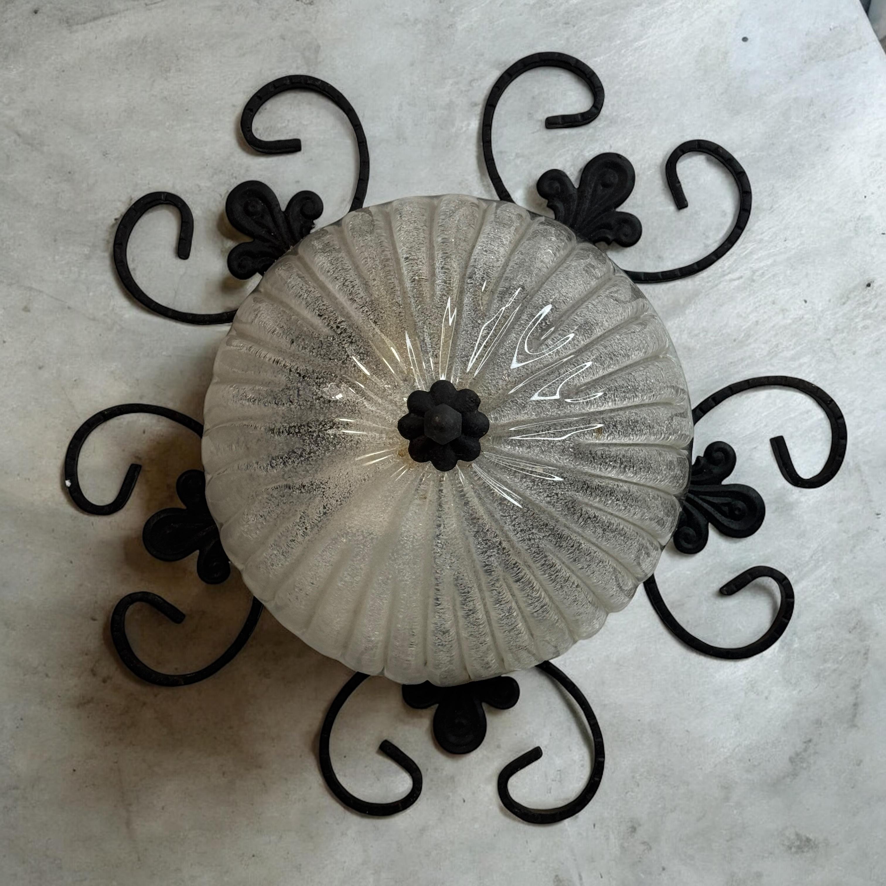 Wrought Iron Leaf and Murano Art Glass Flush Mount Ceiling Light, Austria 1960s For Sale 3