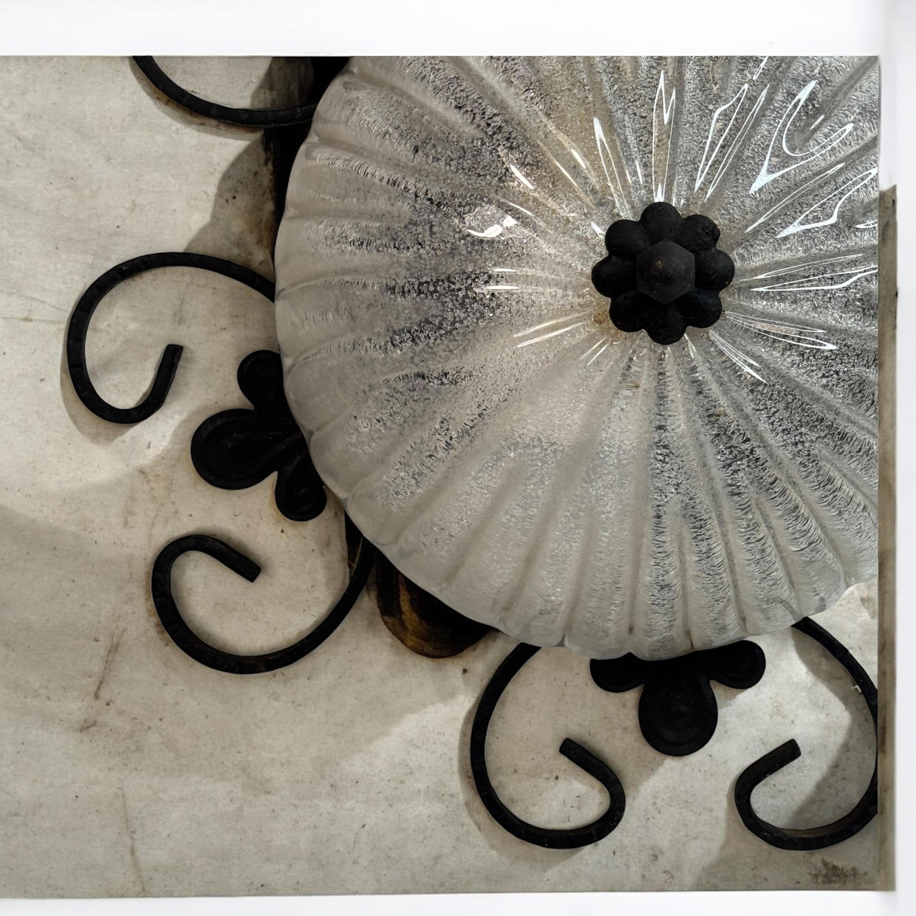 Wrought Iron Leaf and Murano Art Glass Flush Mount Ceiling Light, Austria 1960s For Sale 4