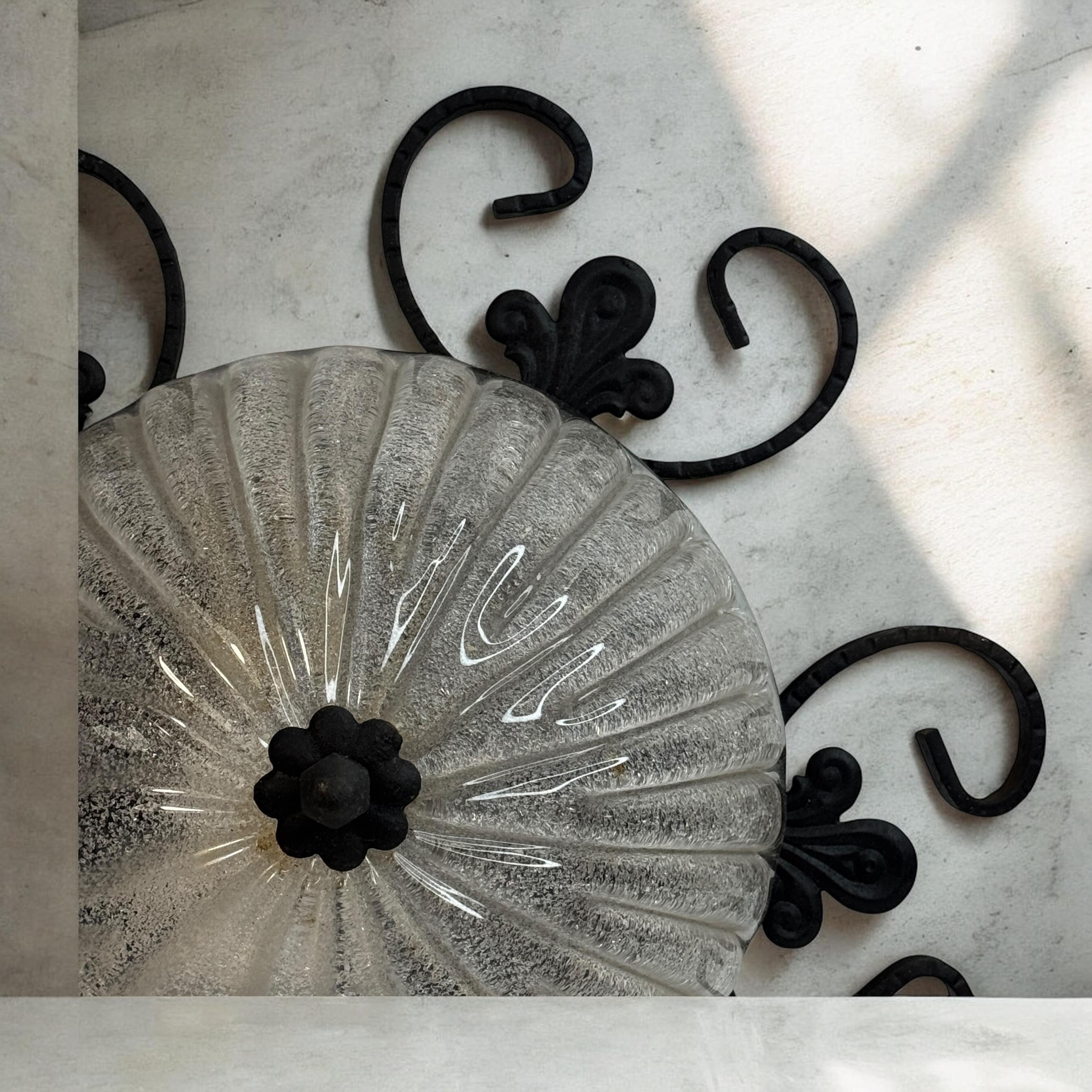 Wrought Iron Leaf and Murano Art Glass Flush Mount Ceiling Light, Austria 1960s For Sale 6