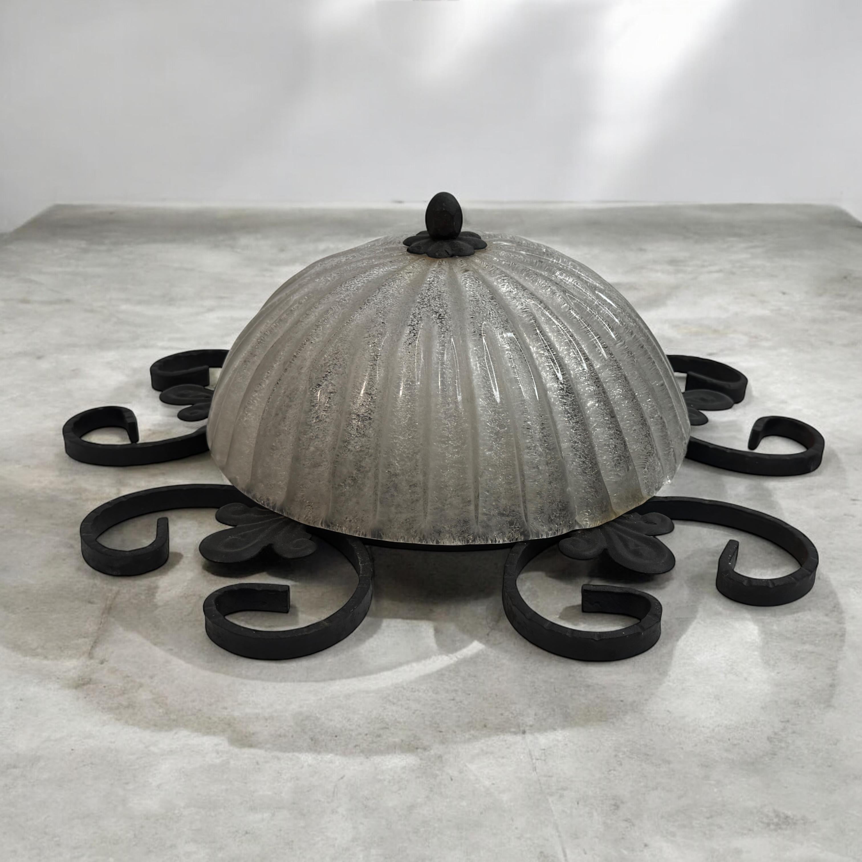 Wrought Iron Leaf and Murano Art Glass Flush Mount Ceiling Light, Austria 1960s For Sale 7