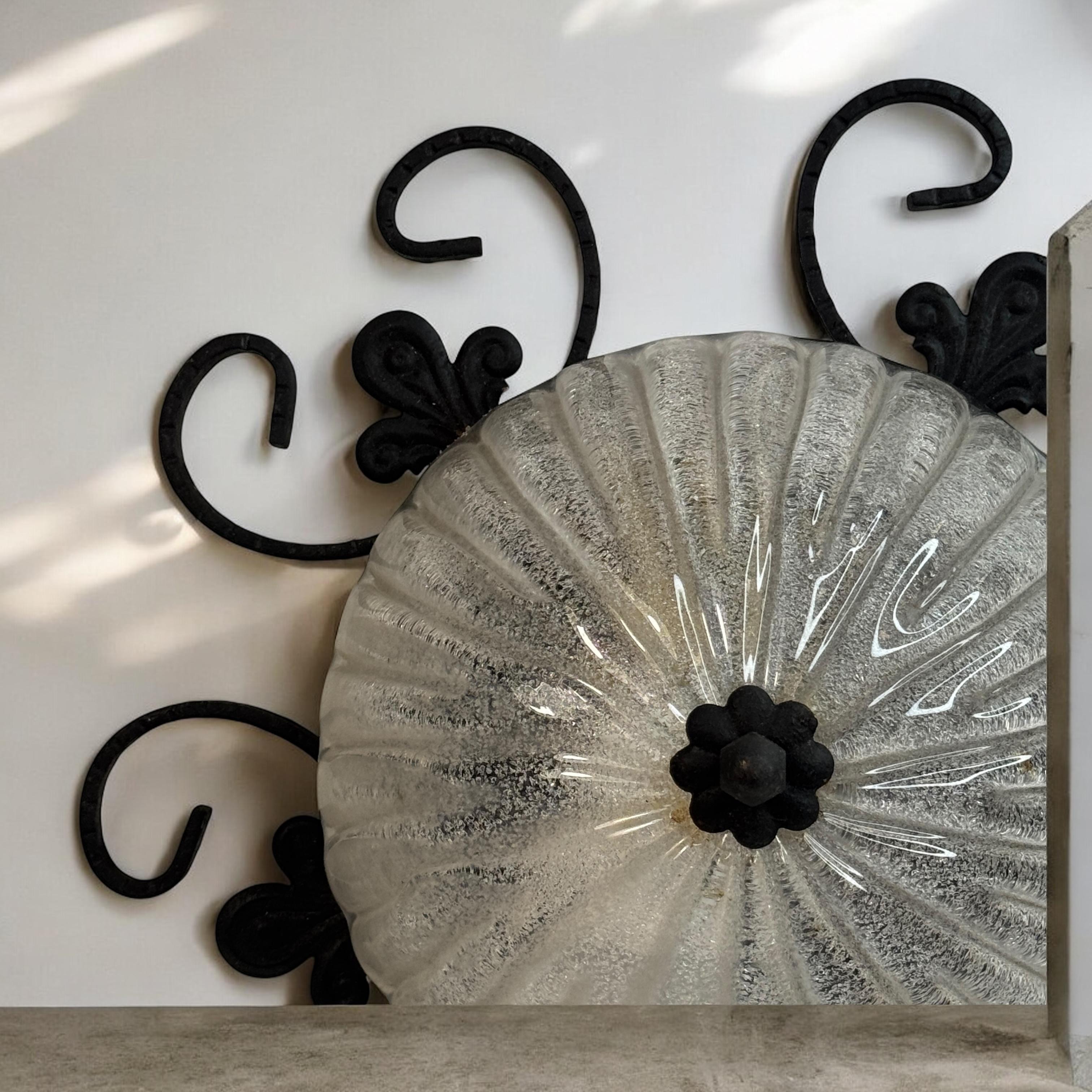 Wrought Iron Leaf and Murano Art Glass Flush Mount Ceiling Light, Austria 1960s For Sale 8