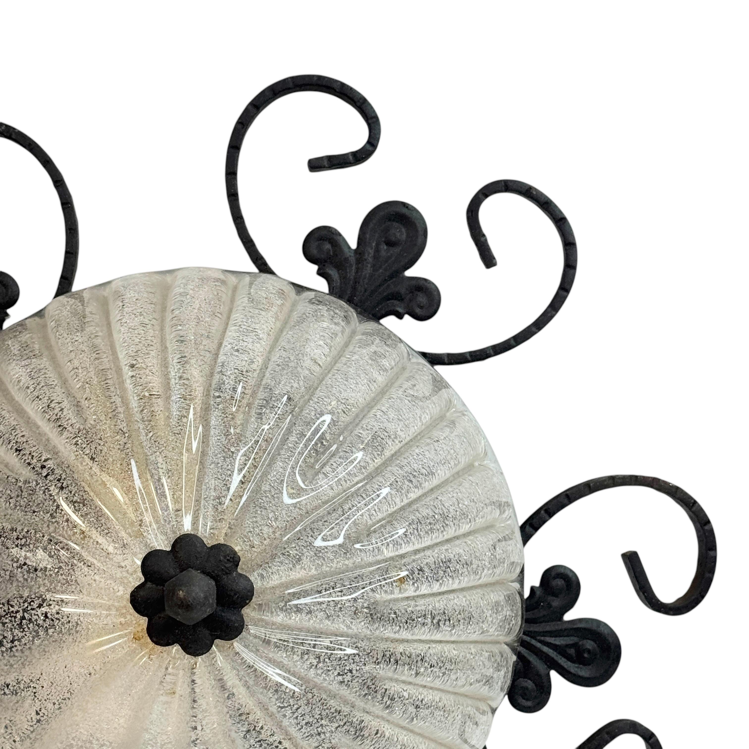 Austrian Wrought Iron Leaf and Murano Art Glass Flush Mount Ceiling Light, Austria 1960s For Sale