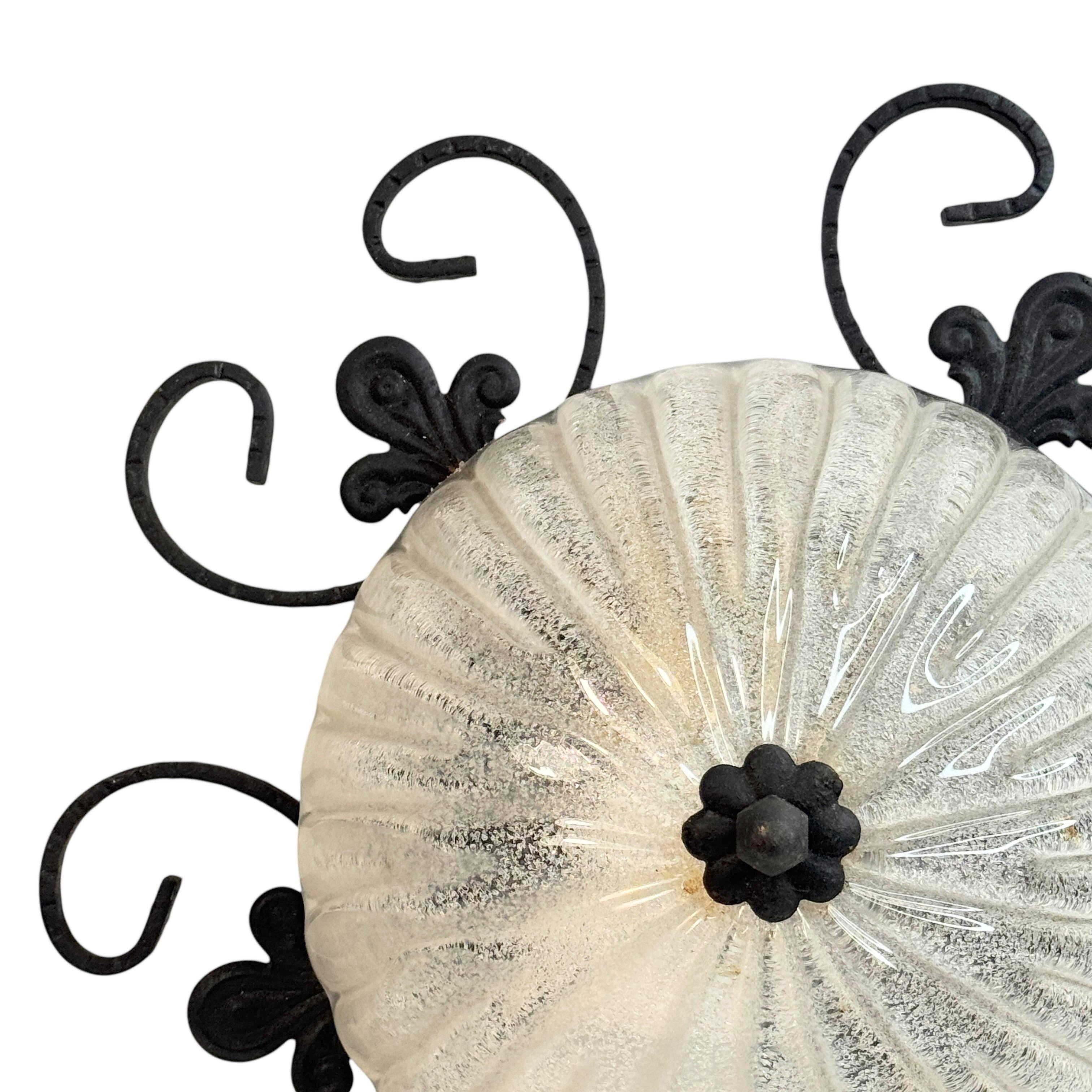 Wrought Iron Leaf and Murano Art Glass Flush Mount Ceiling Light, Austria 1960s In Good Condition For Sale In Nuernberg, DE