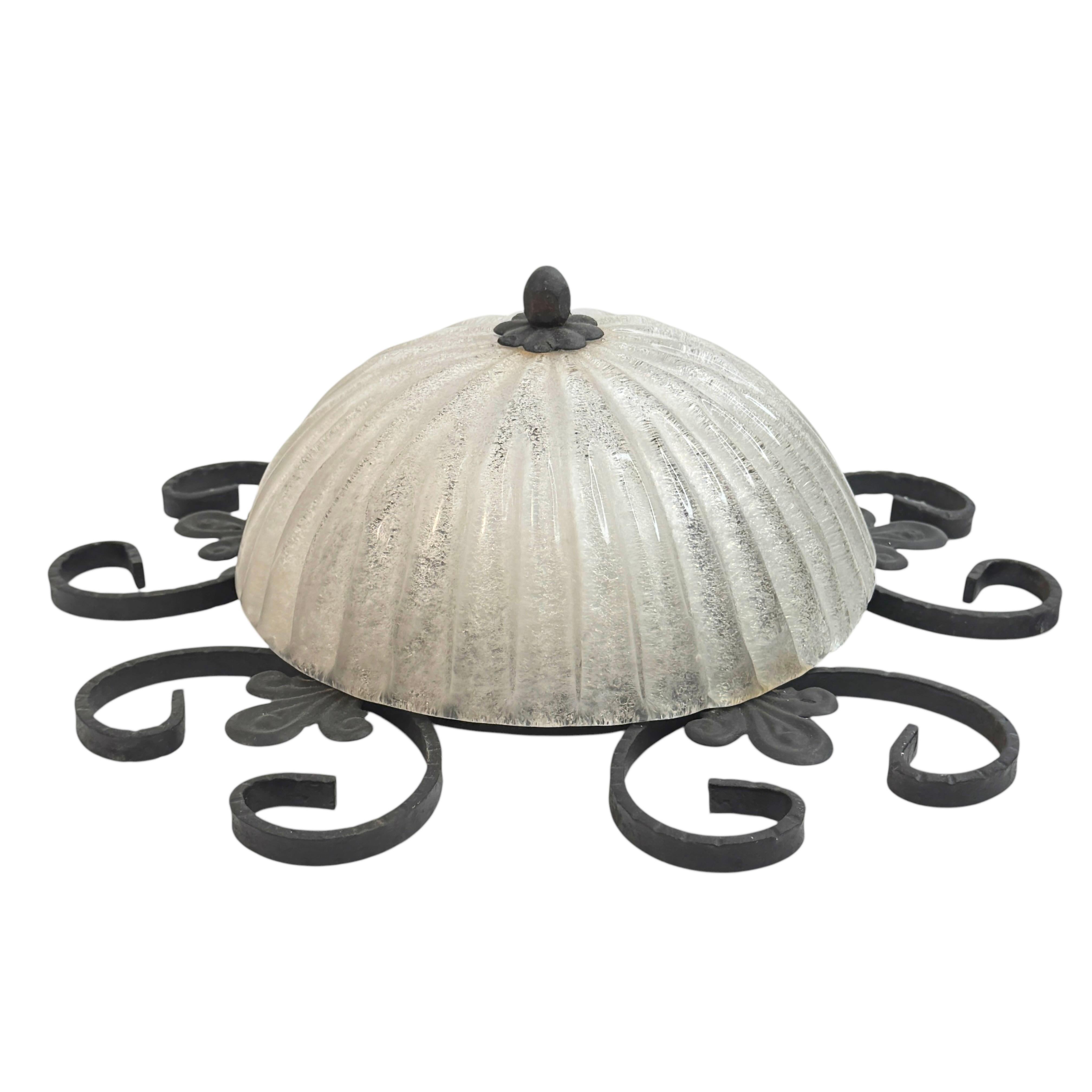 Mid-20th Century Wrought Iron Leaf and Murano Art Glass Flush Mount Ceiling Light, Austria 1960s For Sale