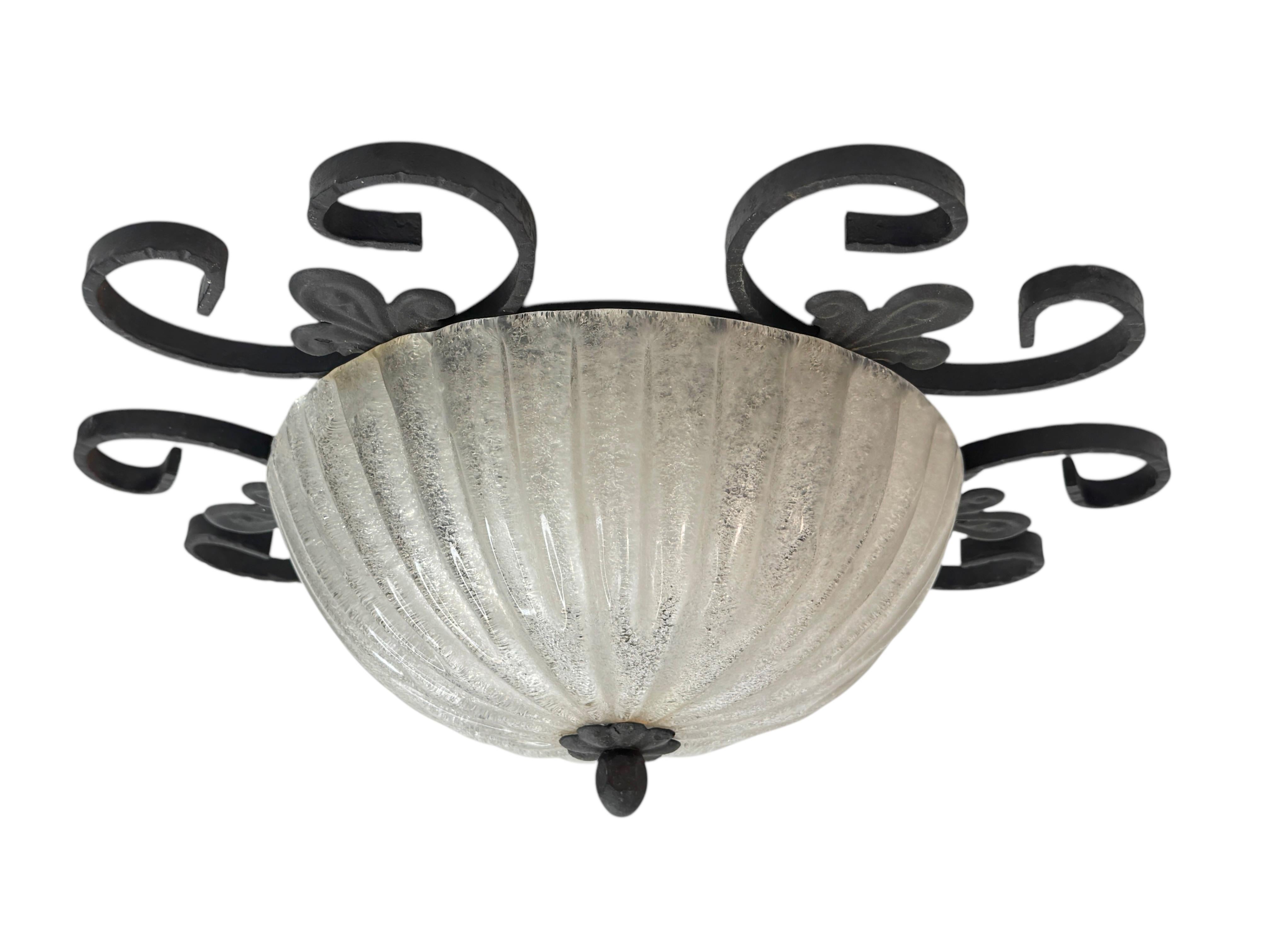 Metal Wrought Iron Leaf and Murano Art Glass Flush Mount Ceiling Light, Austria 1960s For Sale