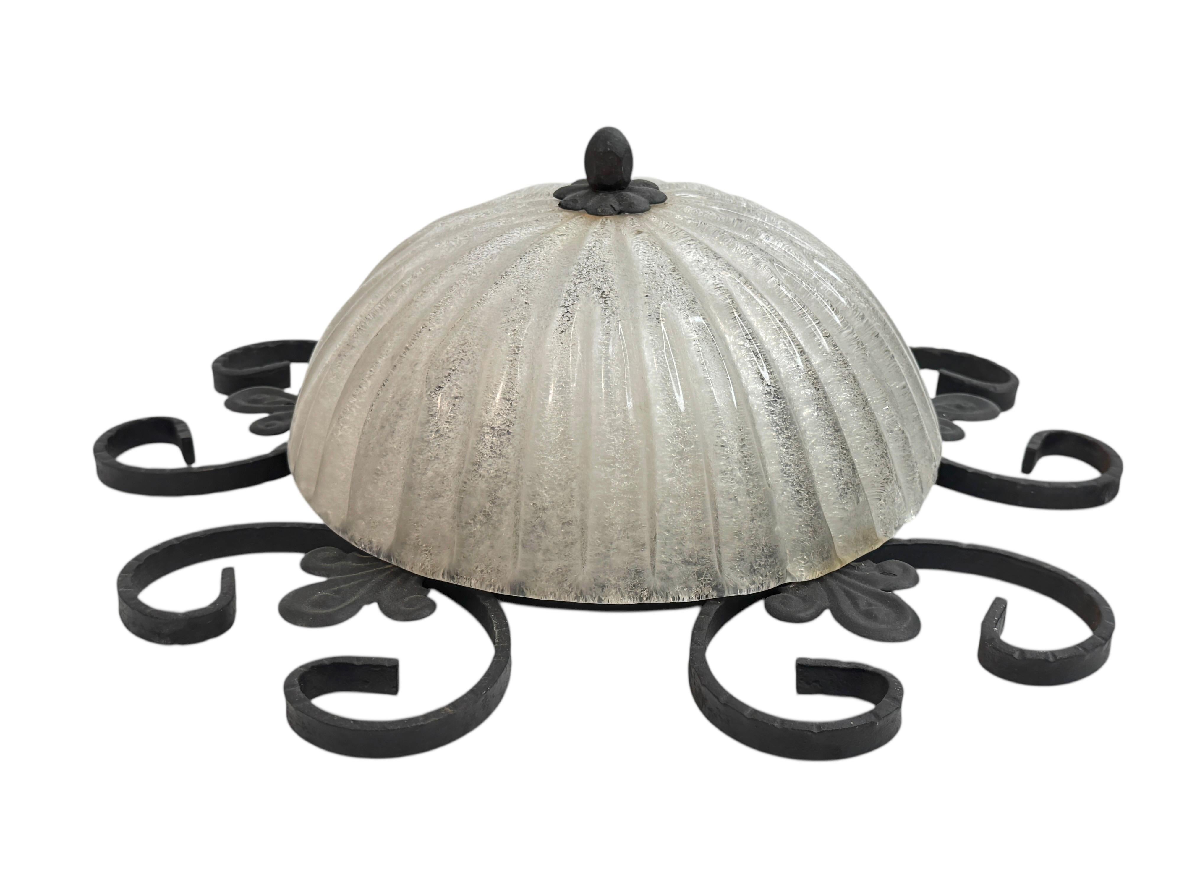 Wrought Iron Leaf and Murano Art Glass Flush Mount Ceiling Light, Austria 1960s For Sale 1