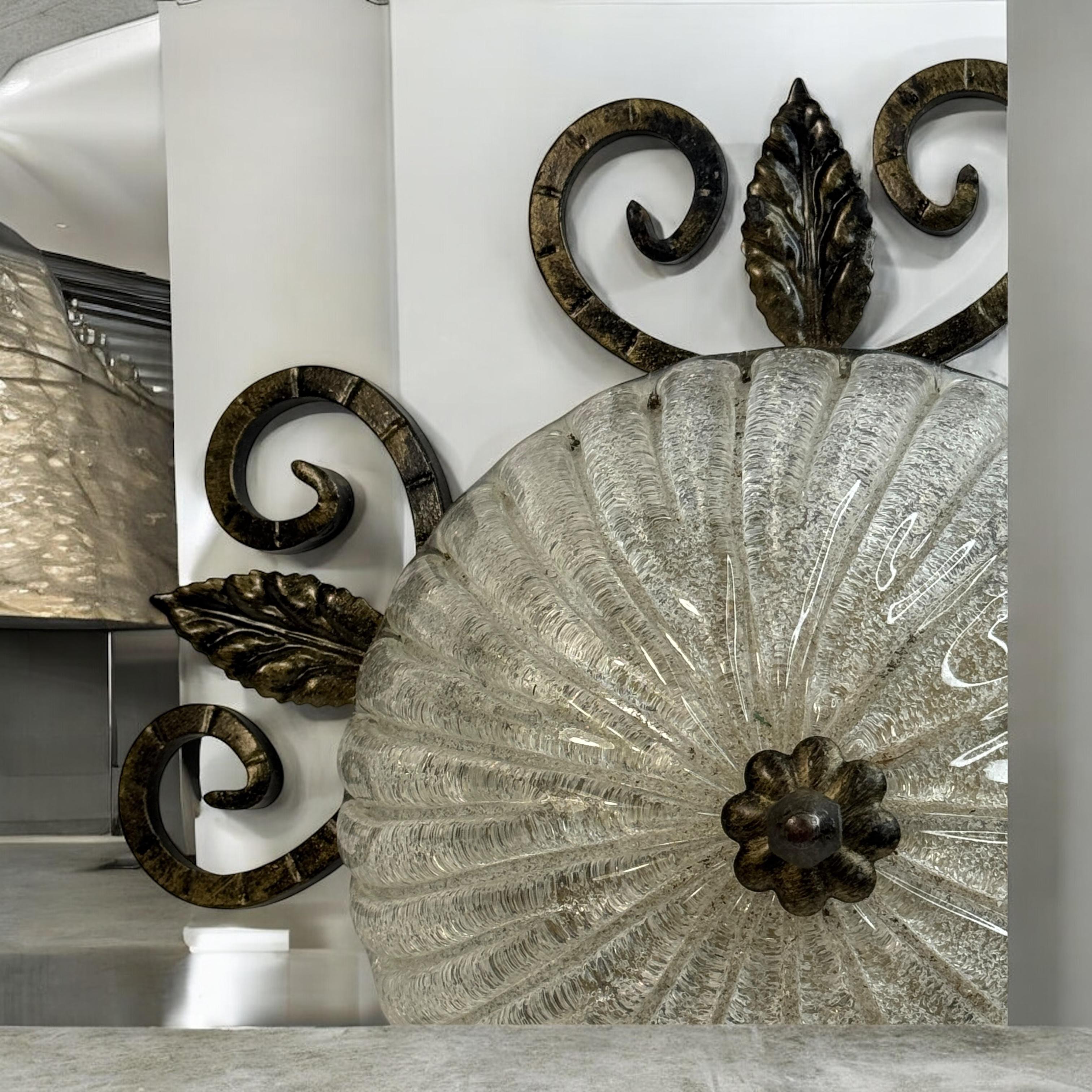 Wrought Iron Leaf and Murano Glass Flush Mount Ceiling Light, Austria 1960s im Angebot 3