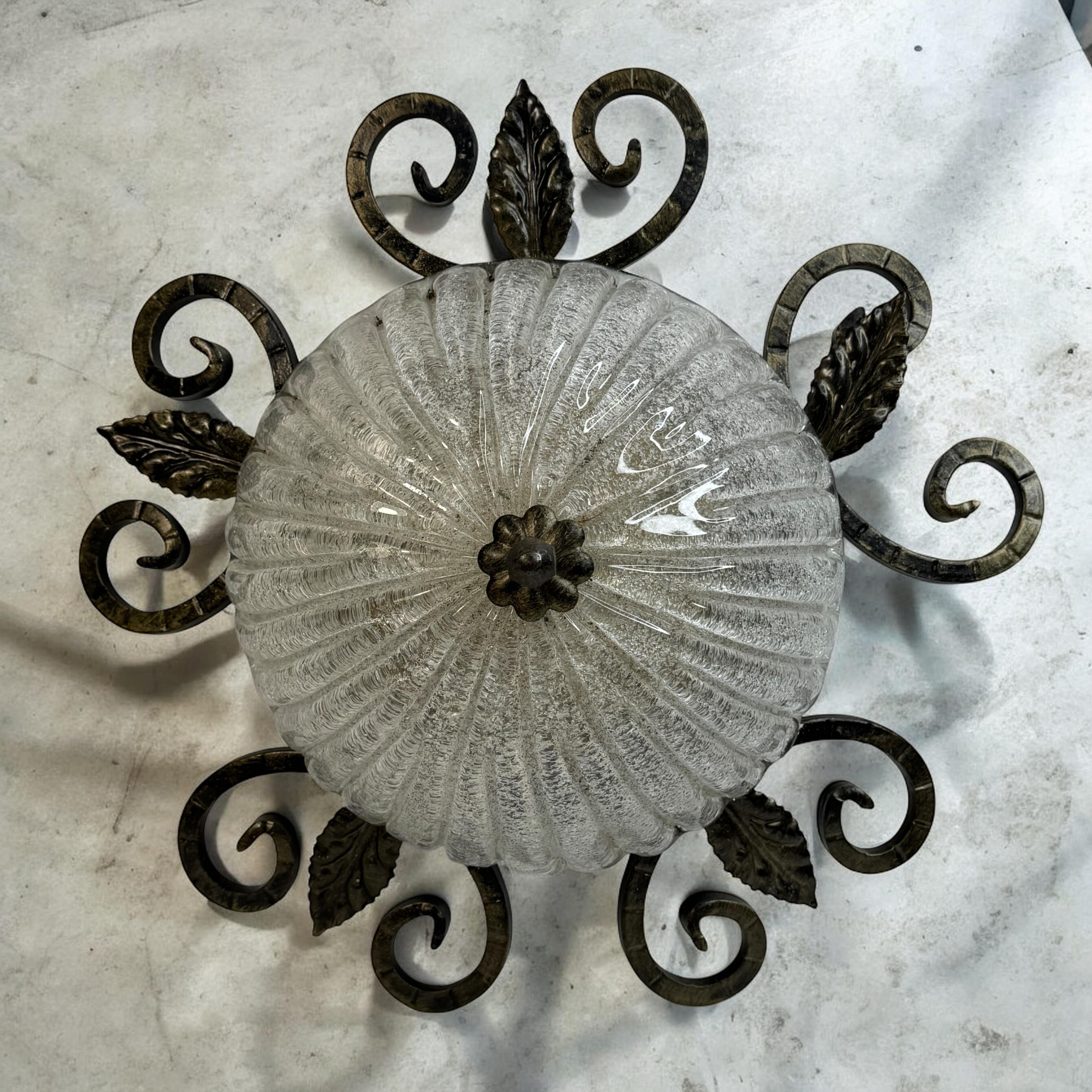 Wrought Iron Leaf and Murano Glass Flush Mount Ceiling Light, Austria 1960s im Angebot 5