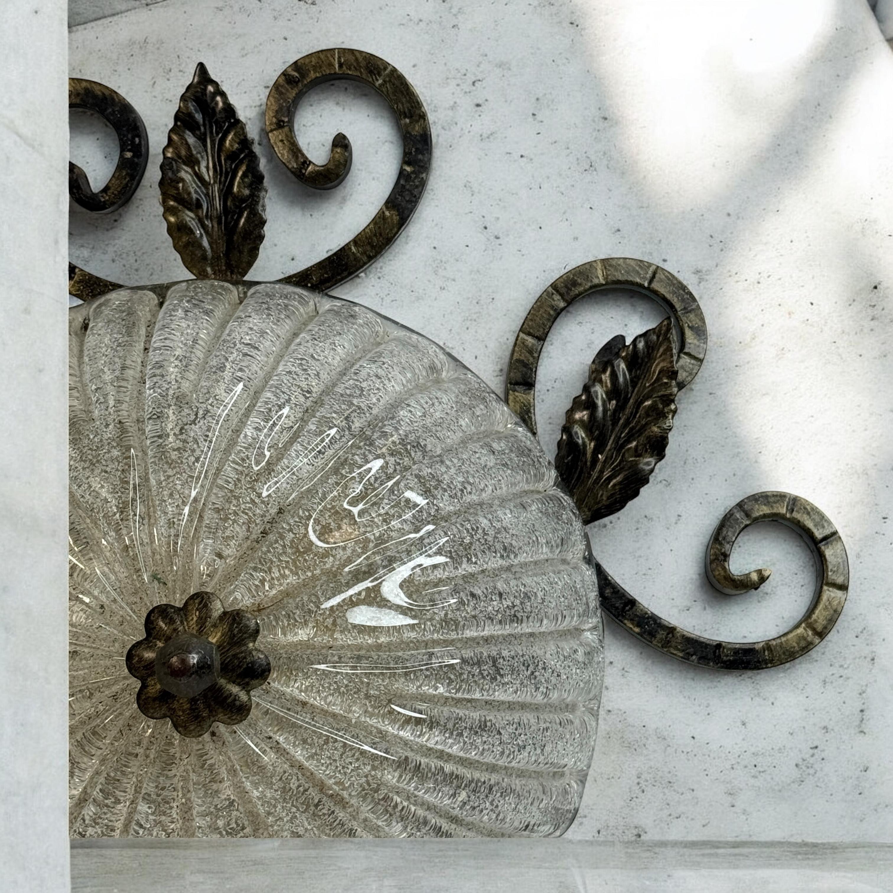 Wrought Iron Leaf and Murano Glass Flush Mount Ceiling Light, Austria 1960s im Angebot 6