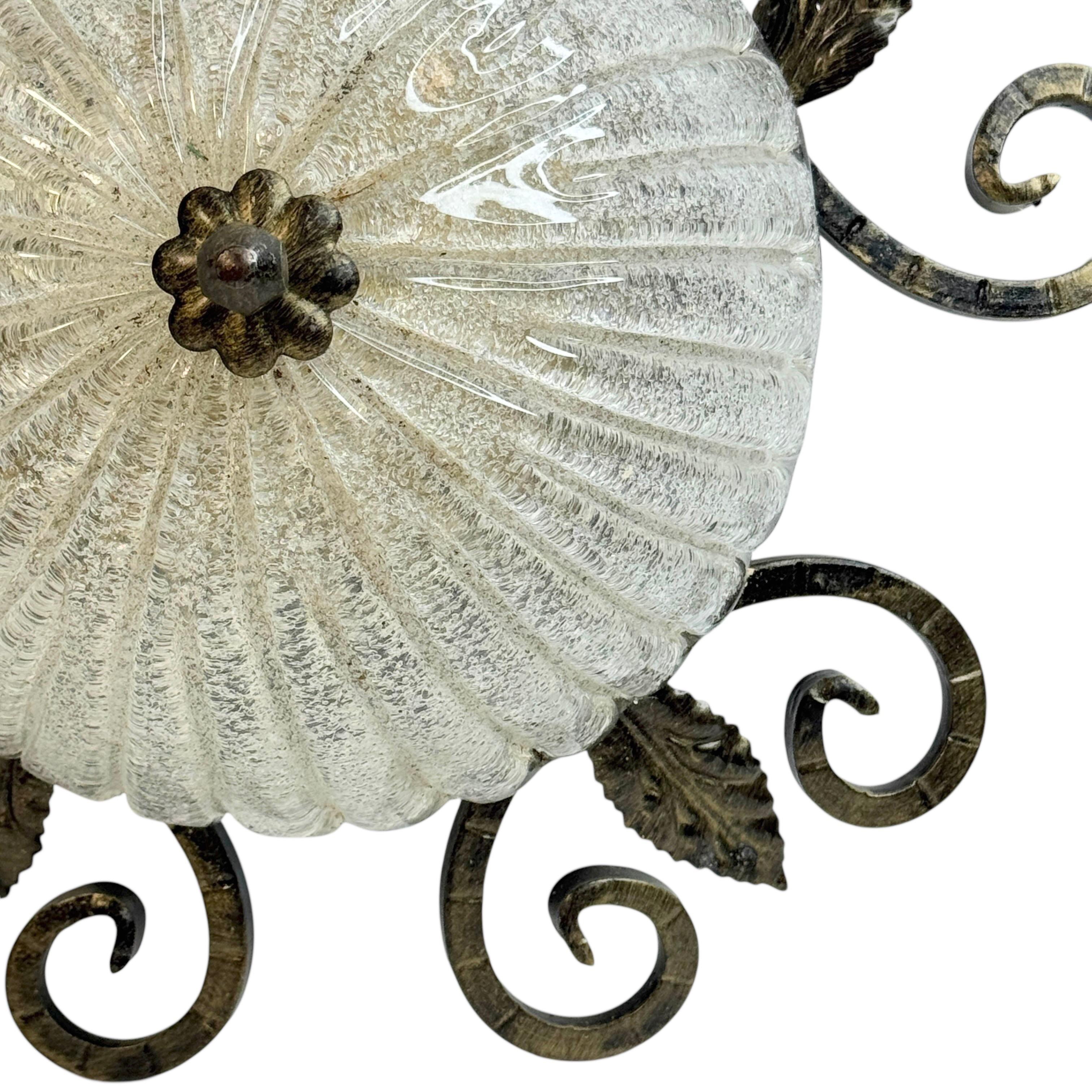 Wrought Iron Leaf and Murano Glass Flush Mount Ceiling Light, Austria 1960s (Moderne der Mitte des Jahrhunderts) im Angebot