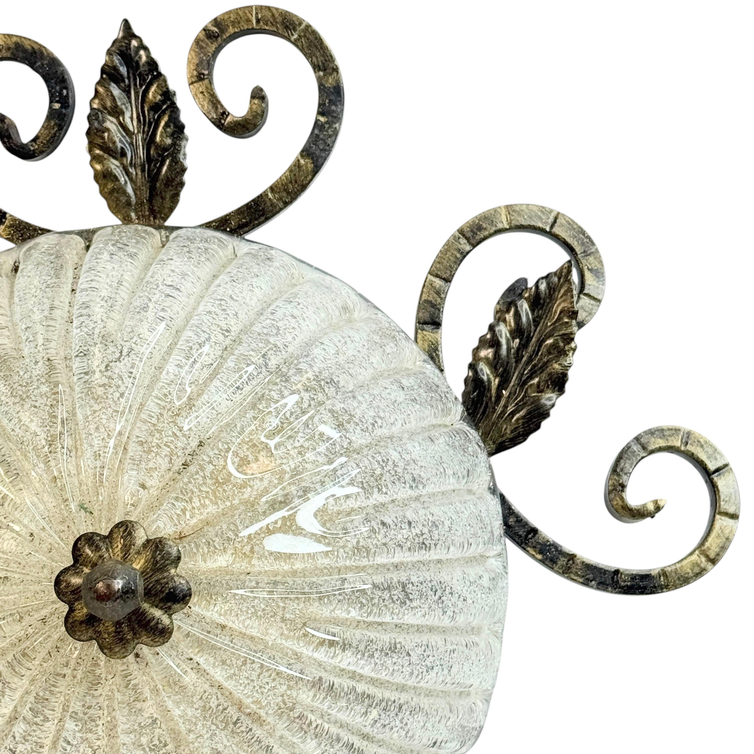 Wrought Iron Leaf and Murano Glass Flush Mount Ceiling Light, Austria 1960s (Österreichisch) im Angebot