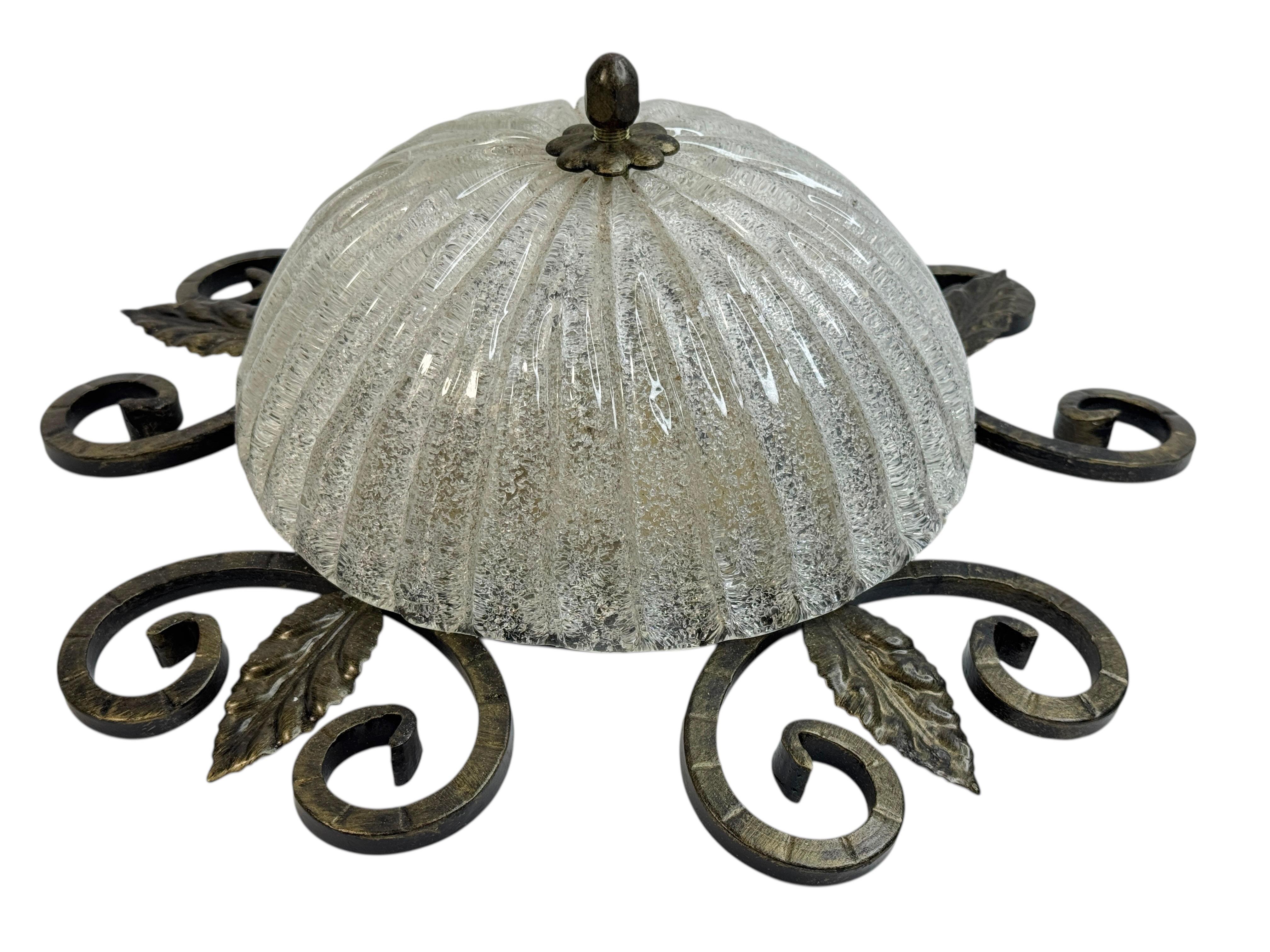 Wrought Iron Leaf and Murano Glass Flush Mount Ceiling Light, Austria 1960s (Mitte des 20. Jahrhunderts) im Angebot
