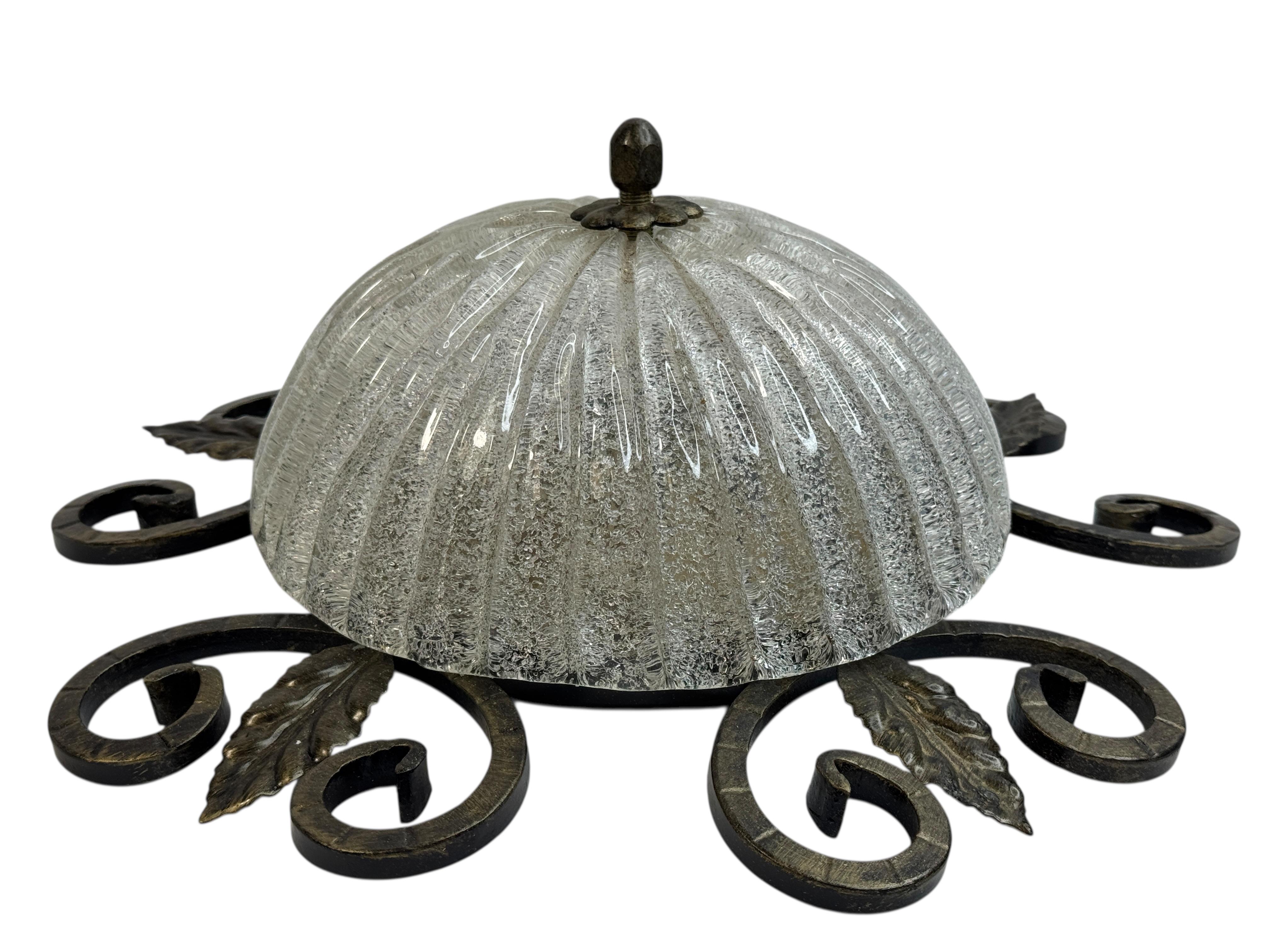 Wrought Iron Leaf and Murano Glass Flush Mount Ceiling Light, Austria 1960s (Metall) im Angebot