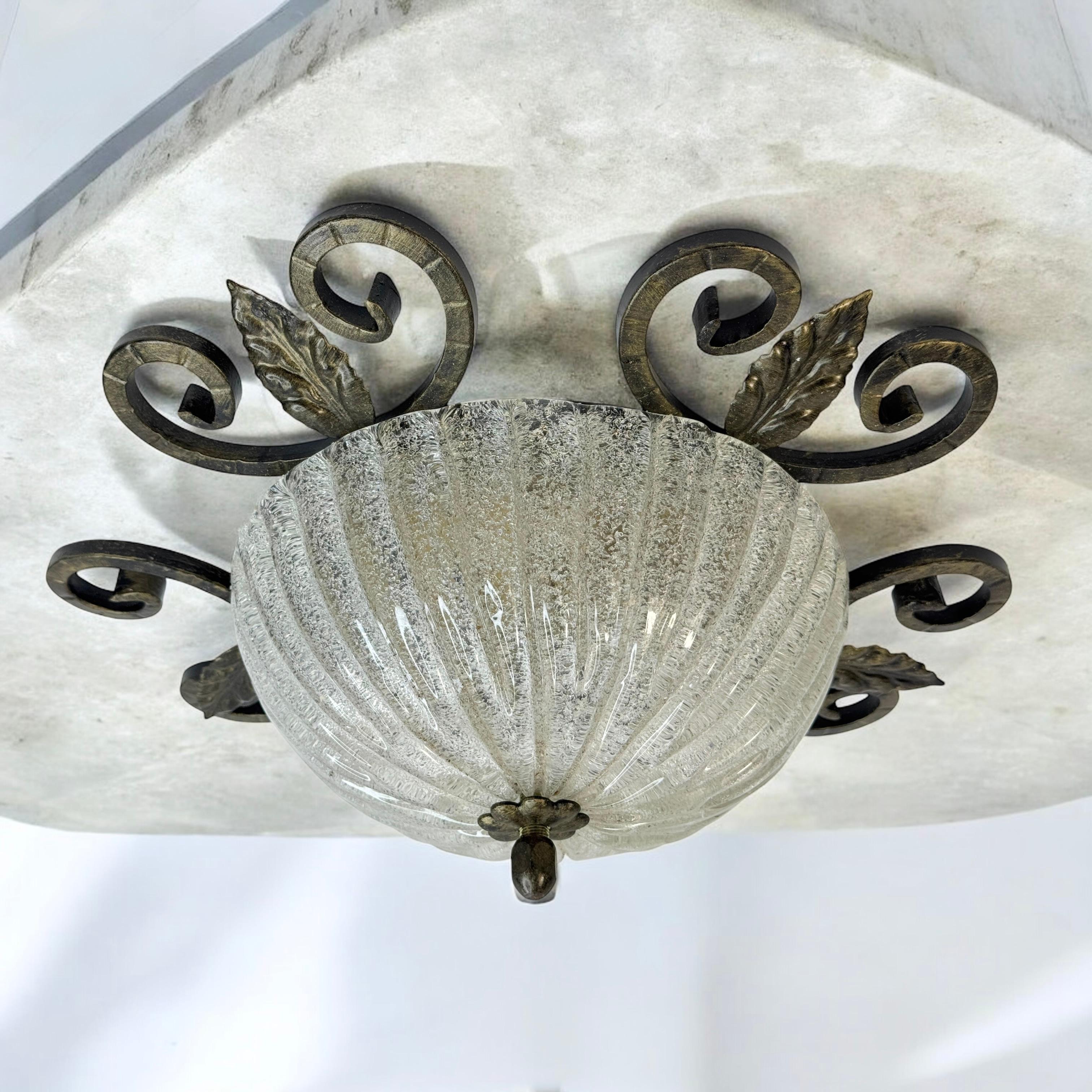 Wrought Iron Leaf and Murano Glass Flush Mount Ceiling Light, Austria 1960s im Angebot 1
