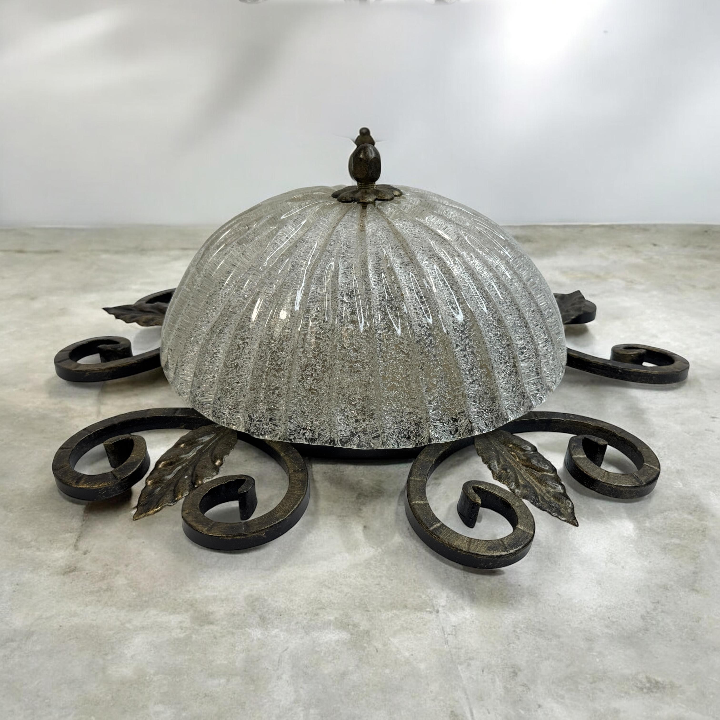 Wrought Iron Leaf and Murano Glass Flush Mount Ceiling Light, Austria 1960s im Angebot 2