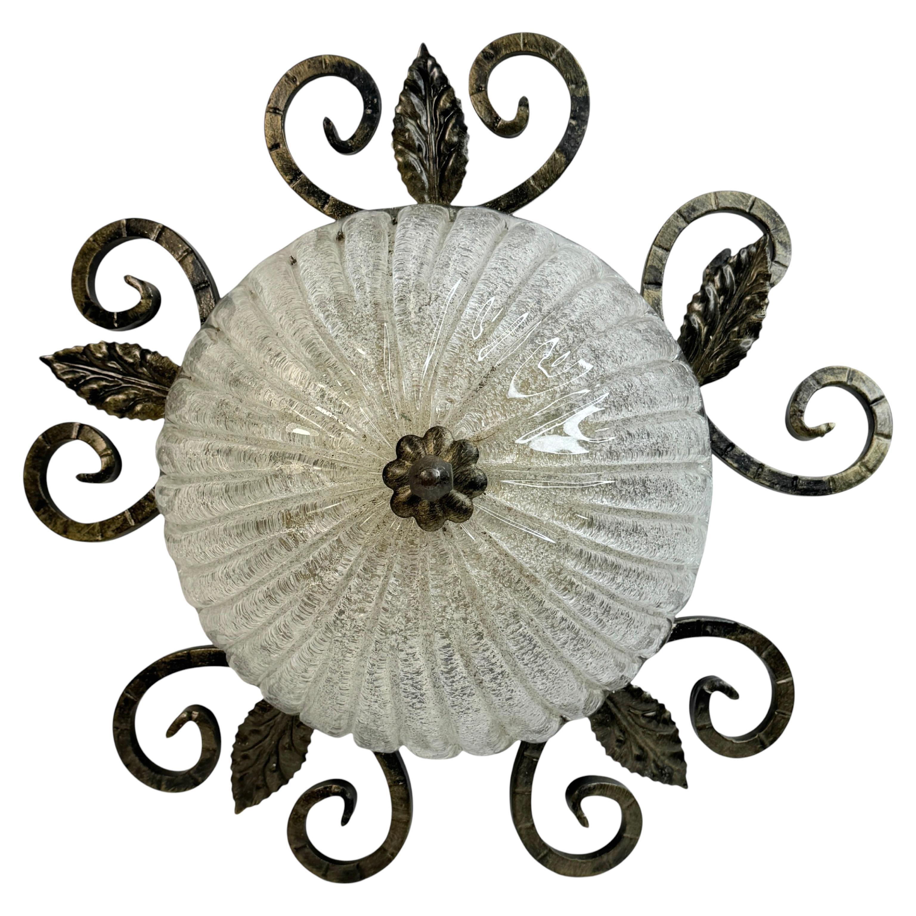 Wrought Iron Leaf and Murano Glass Flush Mount Ceiling Light, Austria 1960s