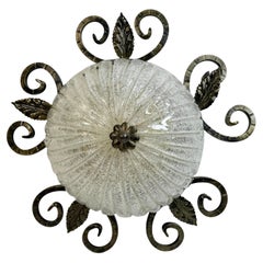 Wrought Iron Leaf and Murano Glass Flush Mount Ceiling Light, Austria 1960s