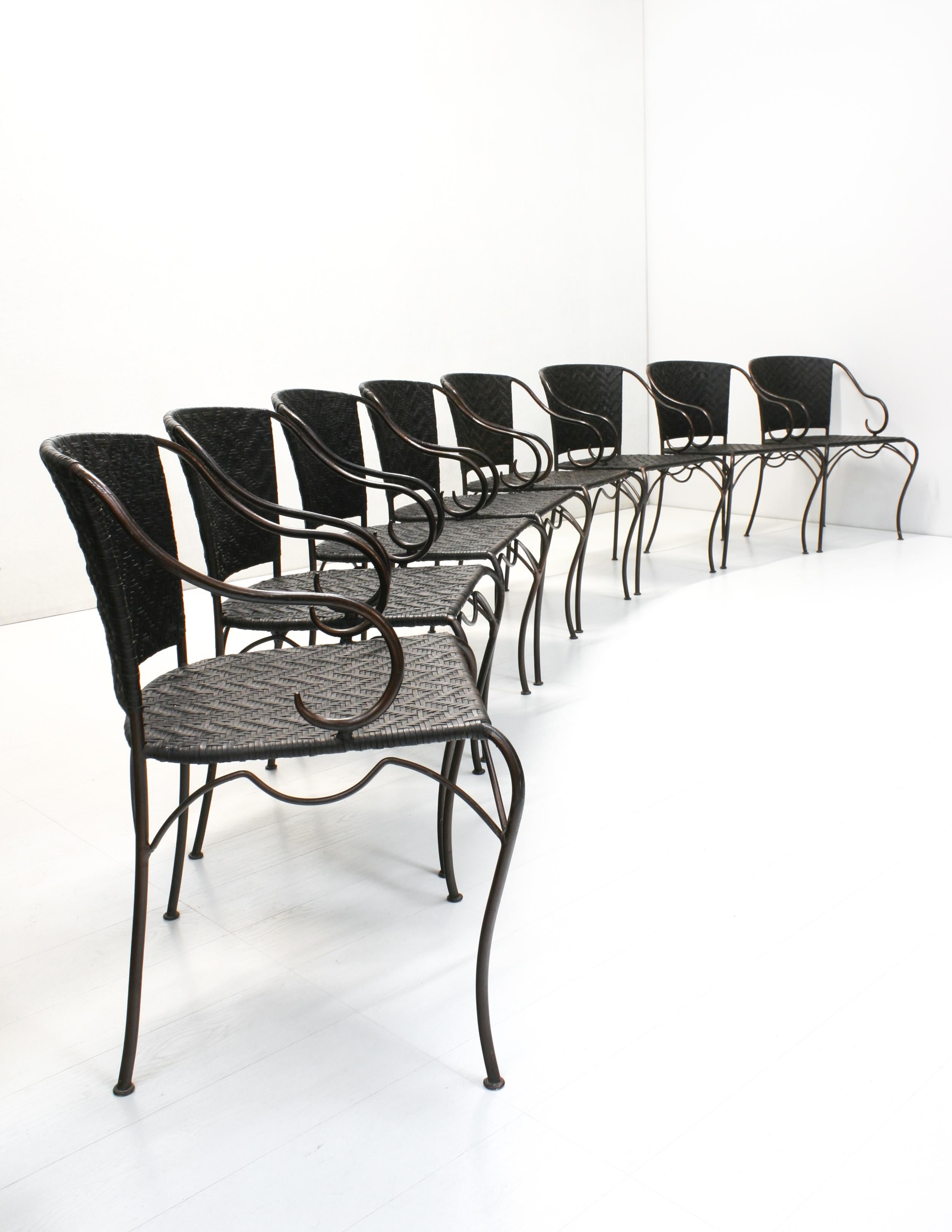Post-Modern 8x Wrought Iron & Leather Anatol Dining Armchairs by Gunther Lambert, 1990s For Sale