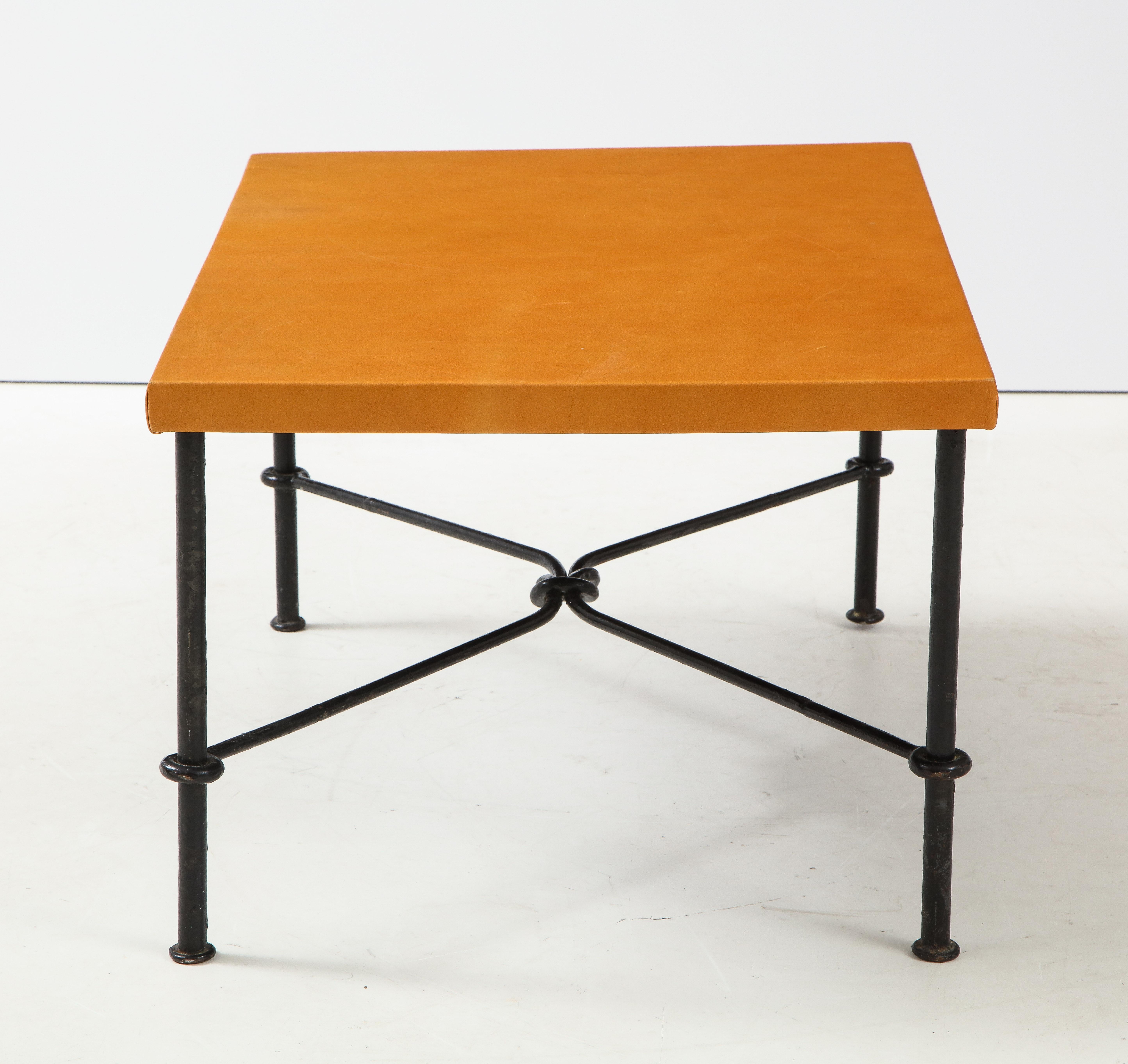 Mid-20th Century Wrought Iron and Leather Side Table, France, 1940s