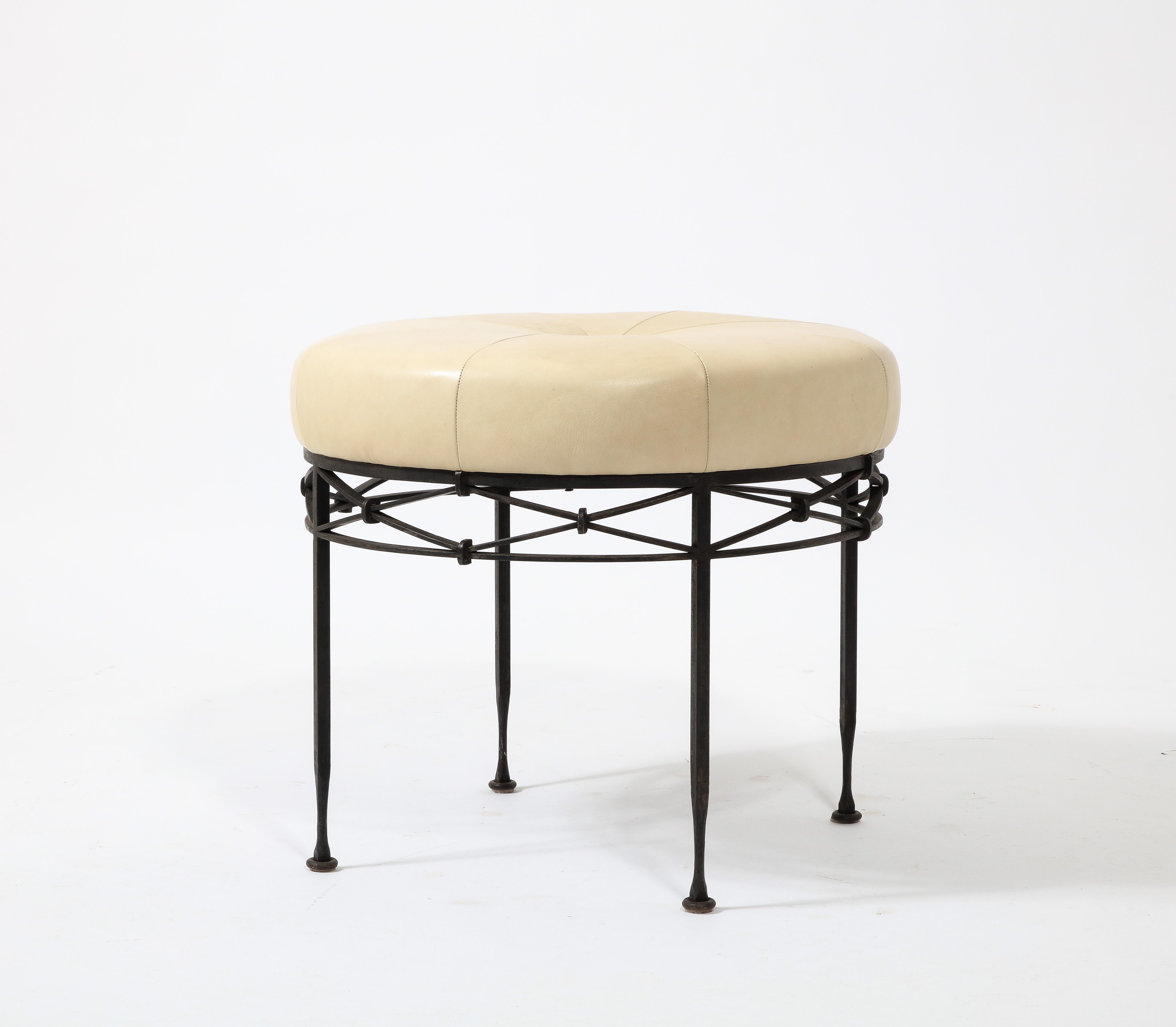 Wrought Iron & Leather Stool, France 1950's For Sale 7