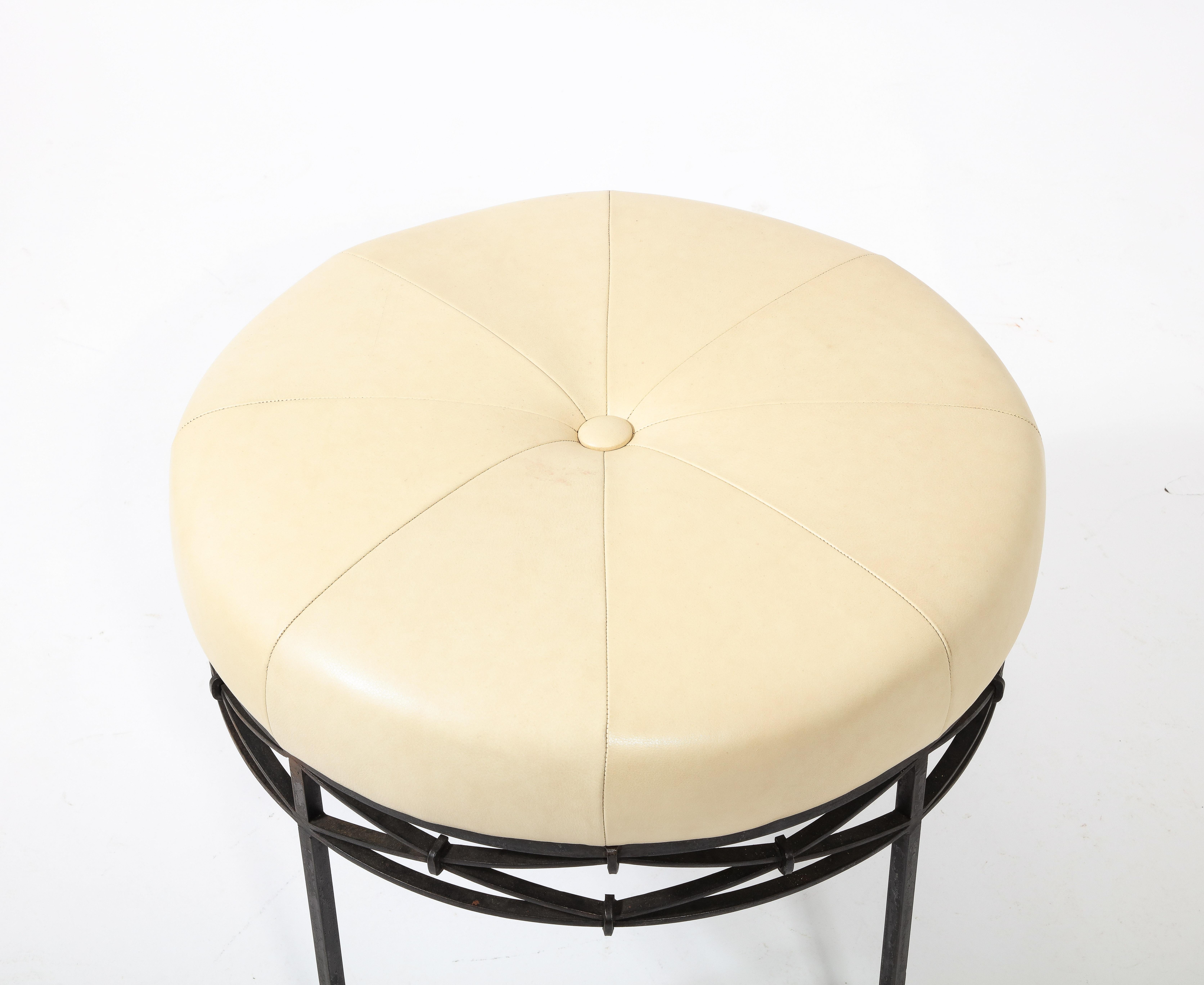 Mid-Century Modern Wrought Iron & Leather Stool, France 1950's For Sale