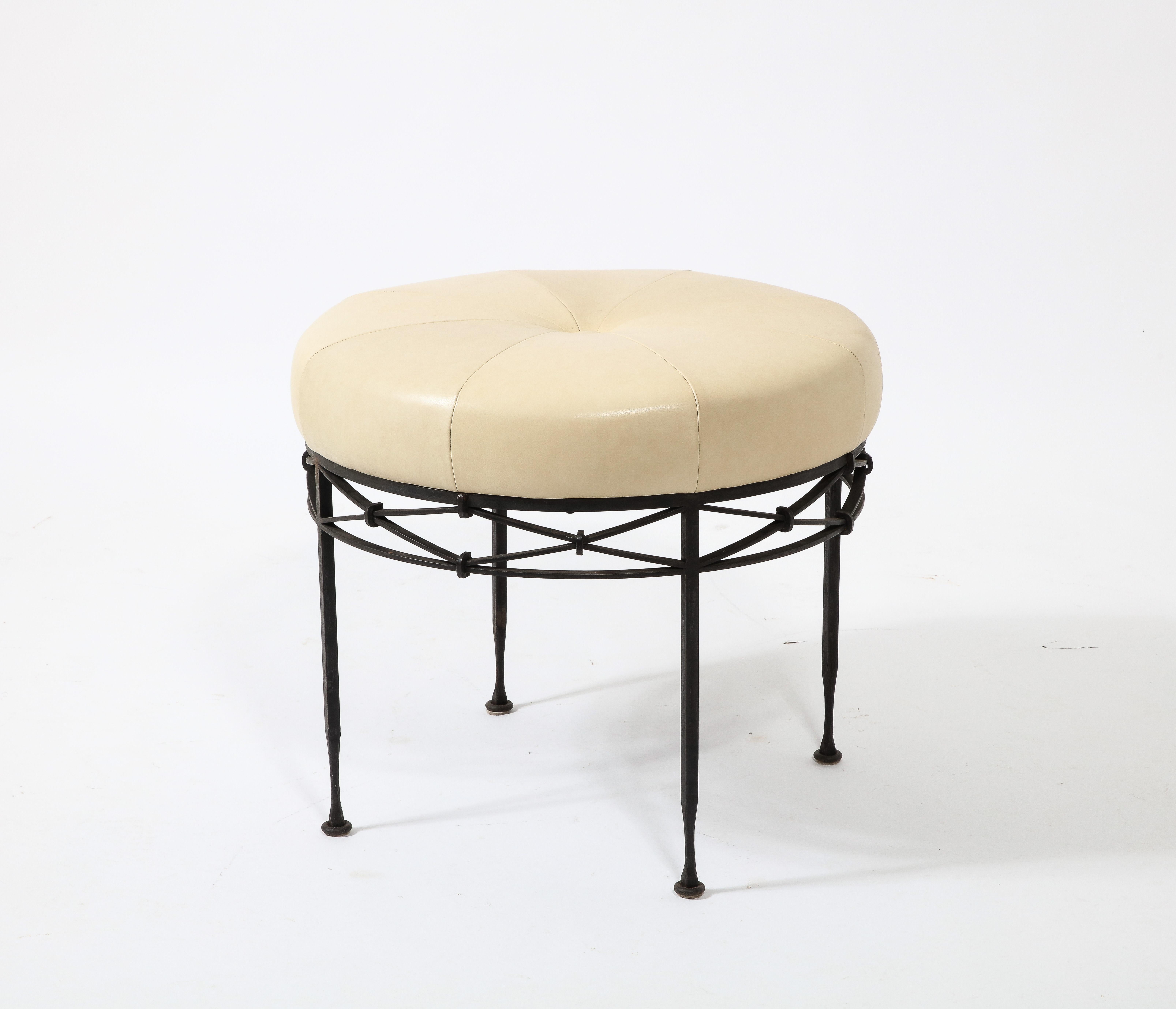 European Wrought Iron & Leather Stool, France 1950's For Sale