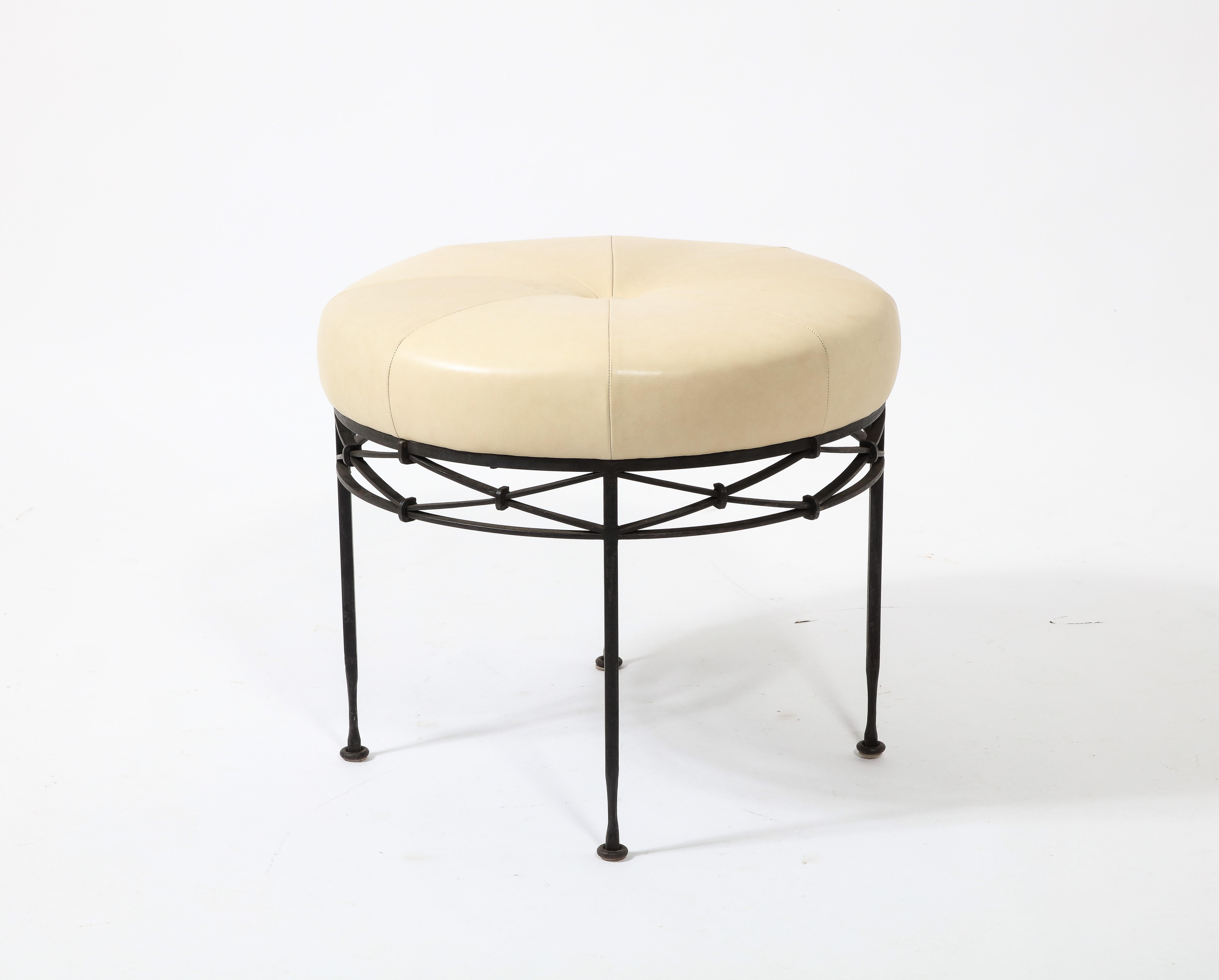 20th Century Wrought Iron & Leather Stool, France 1950's For Sale