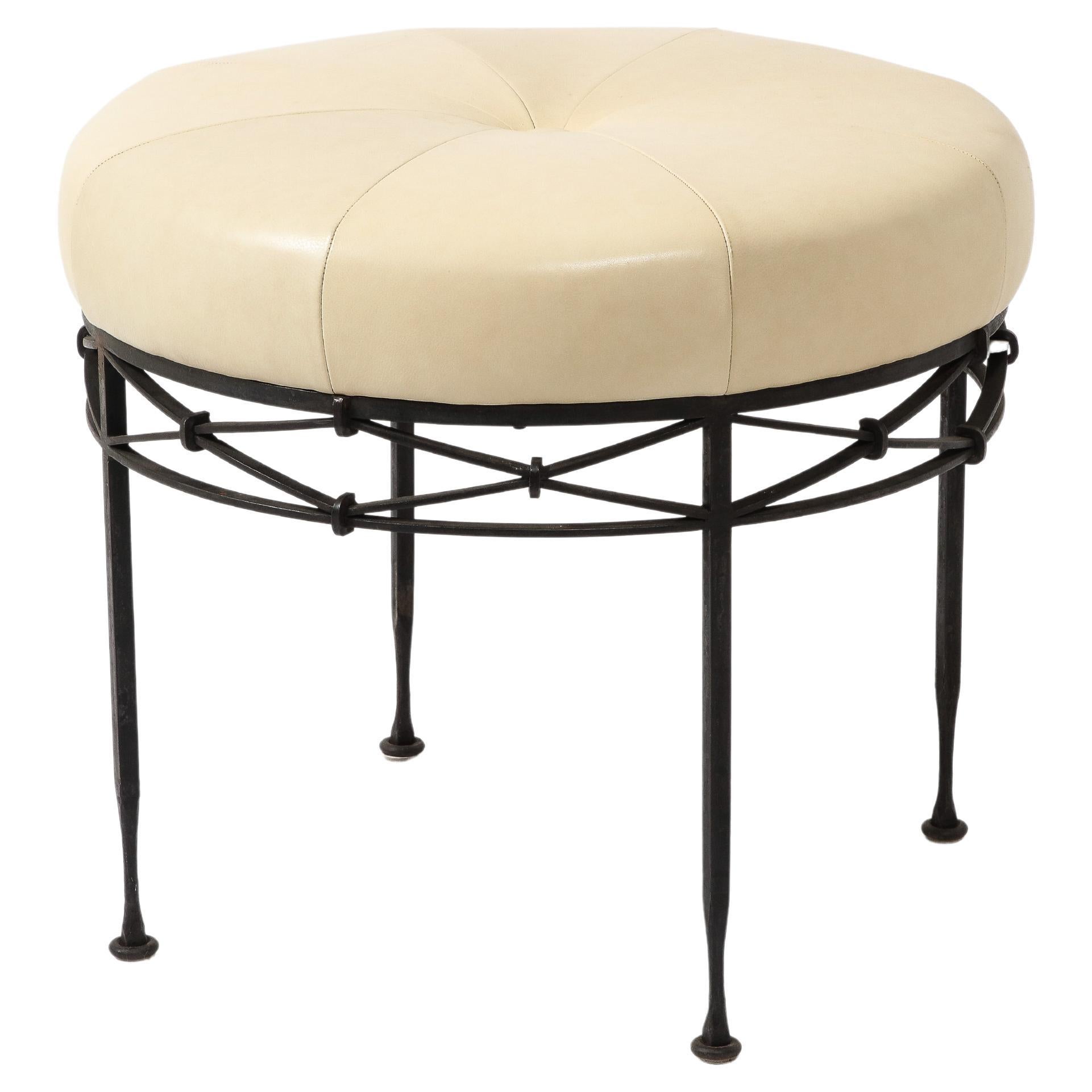 Wrought Iron & Leather Stool, France 1950's For Sale