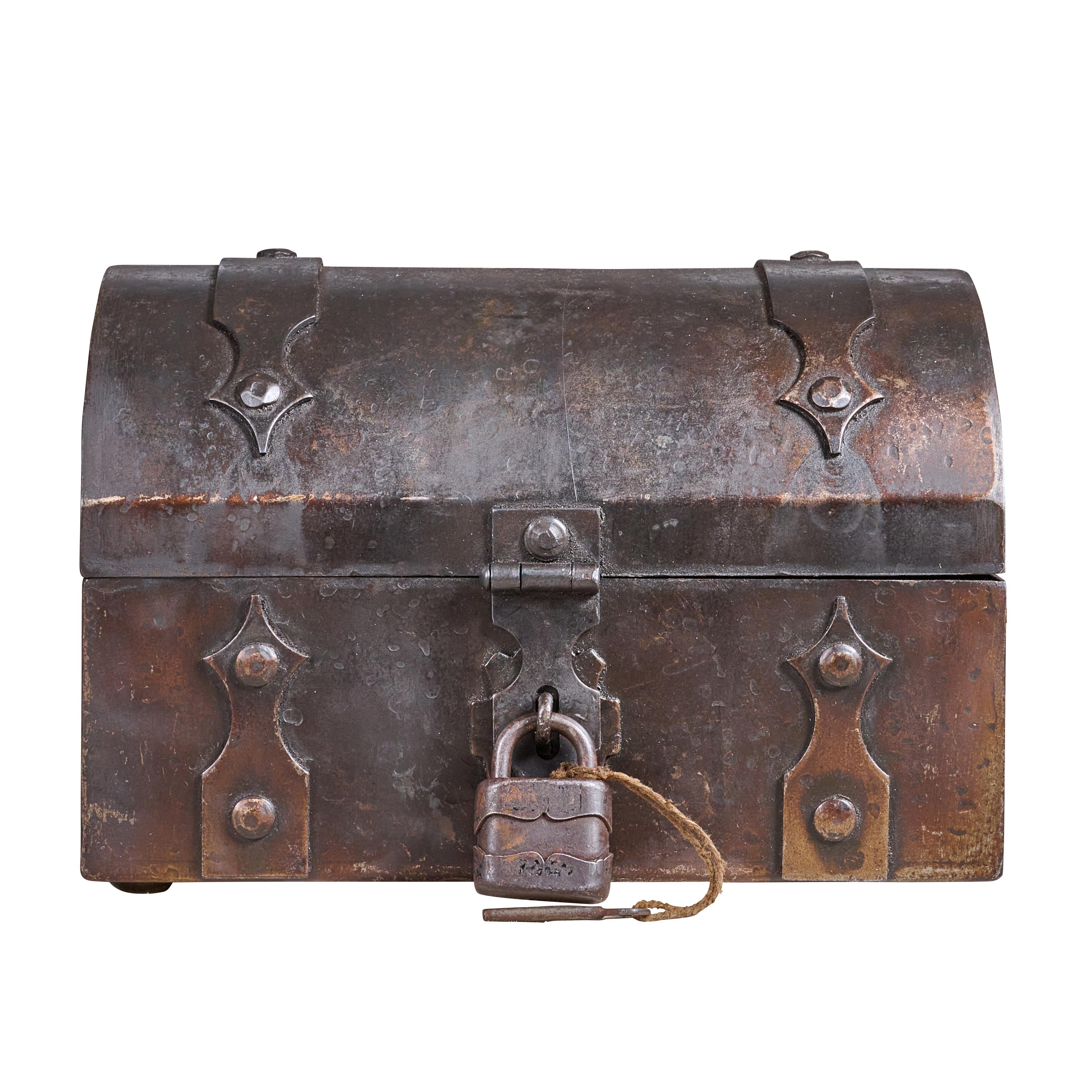 Very nice wrought iron lock box with lock and key. Great quality.

 