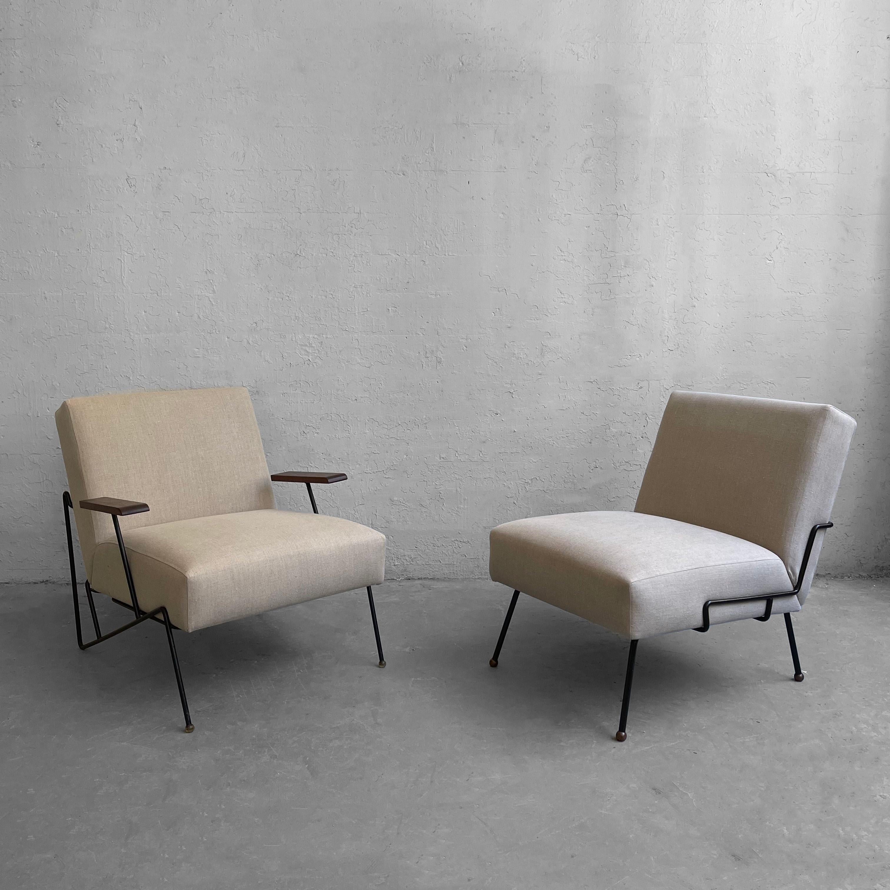 Mid-Century Modern, lounge chair set by Dan Johnson for Pacific Iron features an armchair and slipper chair with minimal wrought iron frames with wood armrests and newly upholstered bodies in cream cotton linen blend that seem to float within the