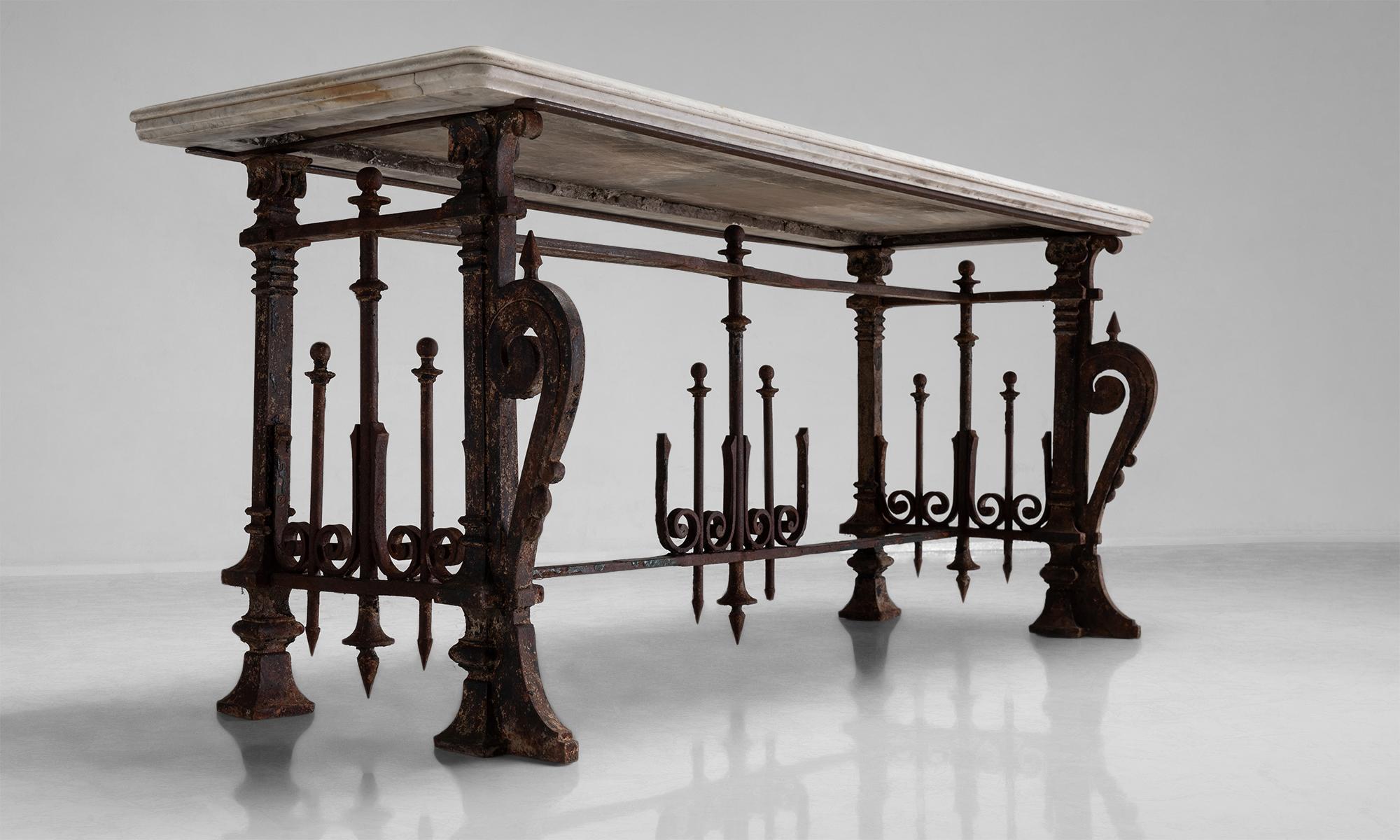 Beautiful console table from a French chocolatier with decorative base and exceptional marble top.

Measures: 71” W x 25.5” D x 31” H.