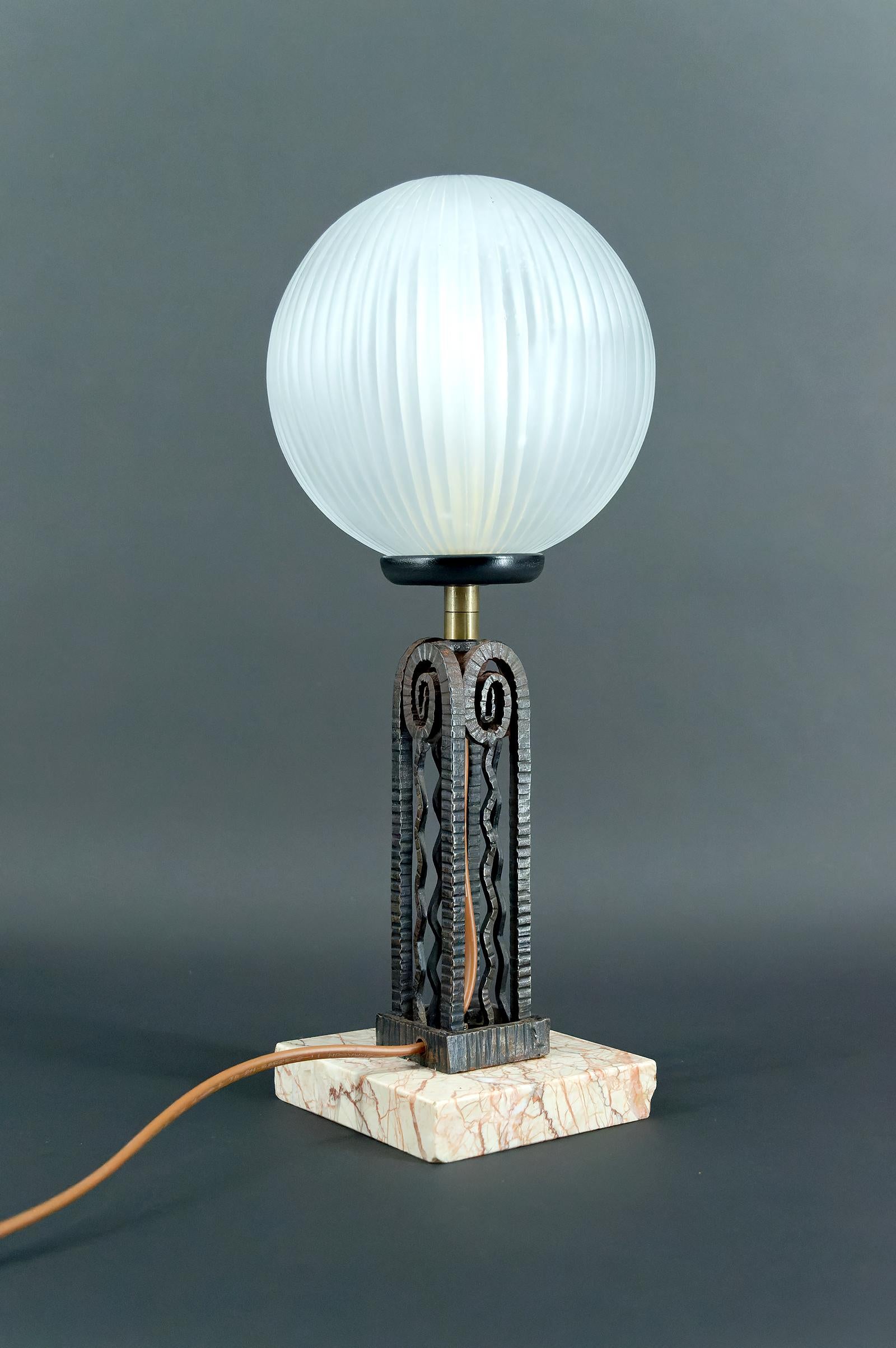 French Wrought Iron, Marble & Glass Art Deco Lamp, France, Circa 1930 For Sale