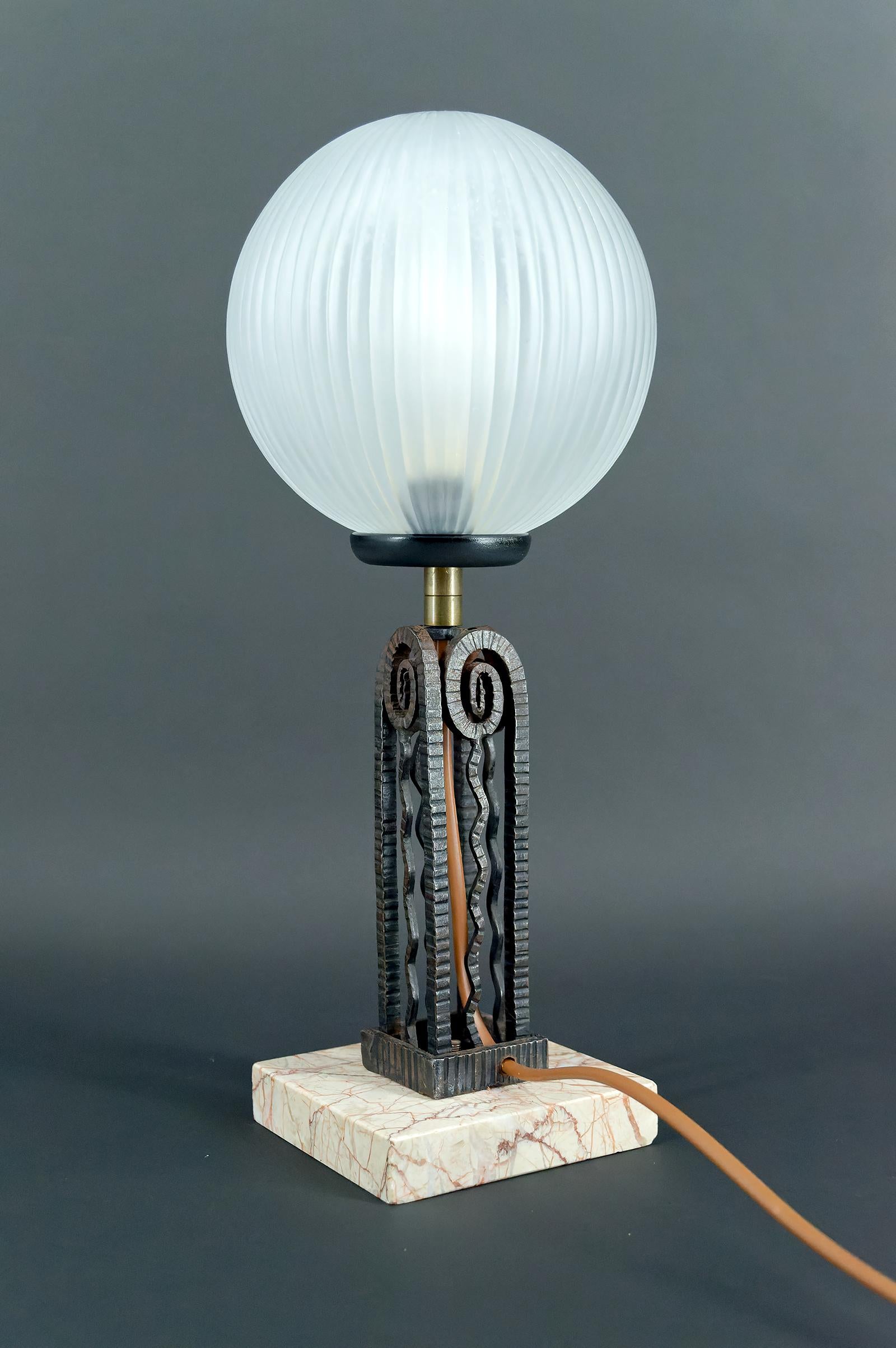 Forged Wrought Iron, Marble & Glass Art Deco Lamp, France, Circa 1930 For Sale